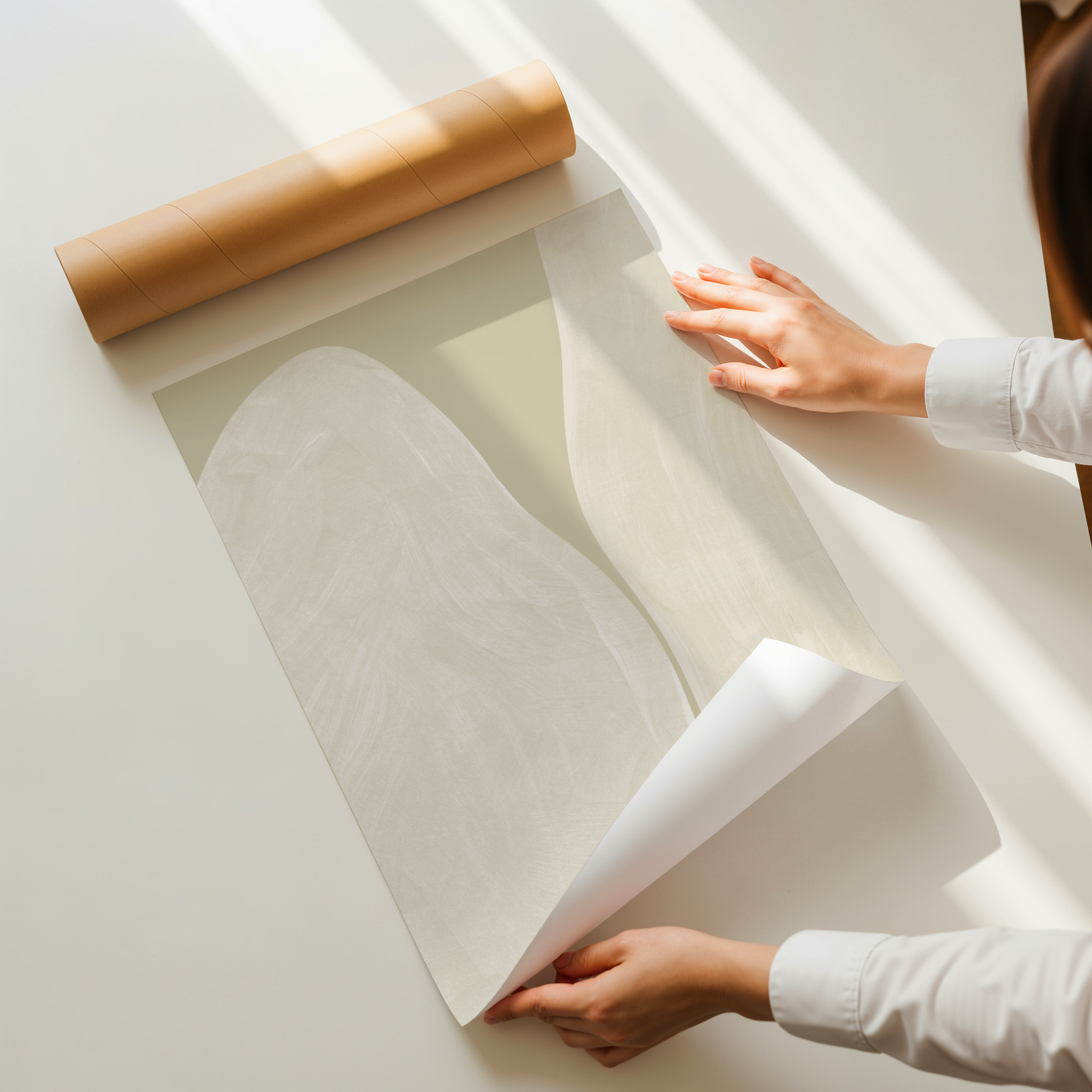 הדפס אמנותי מופשט בגוונים ניטרליים עם צורות אורגניות רכות