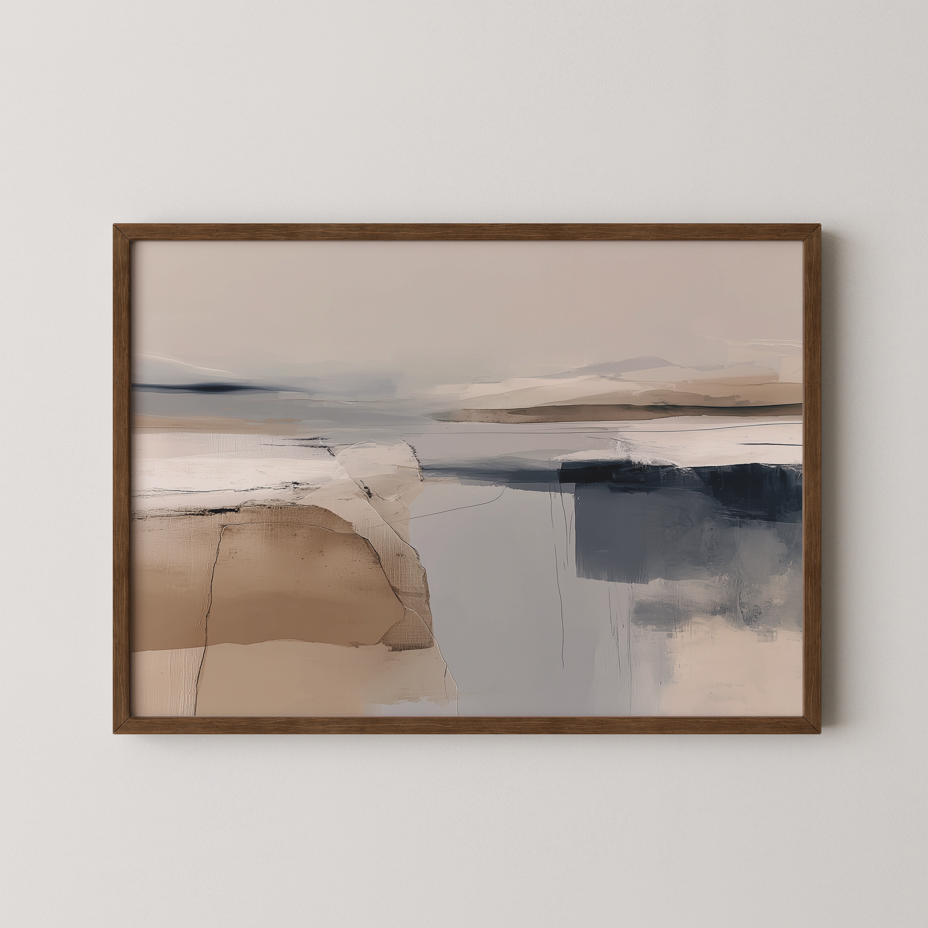 יצירת אמנות מופשטת בגווני חול וכחול במסגרת עץ Taviri