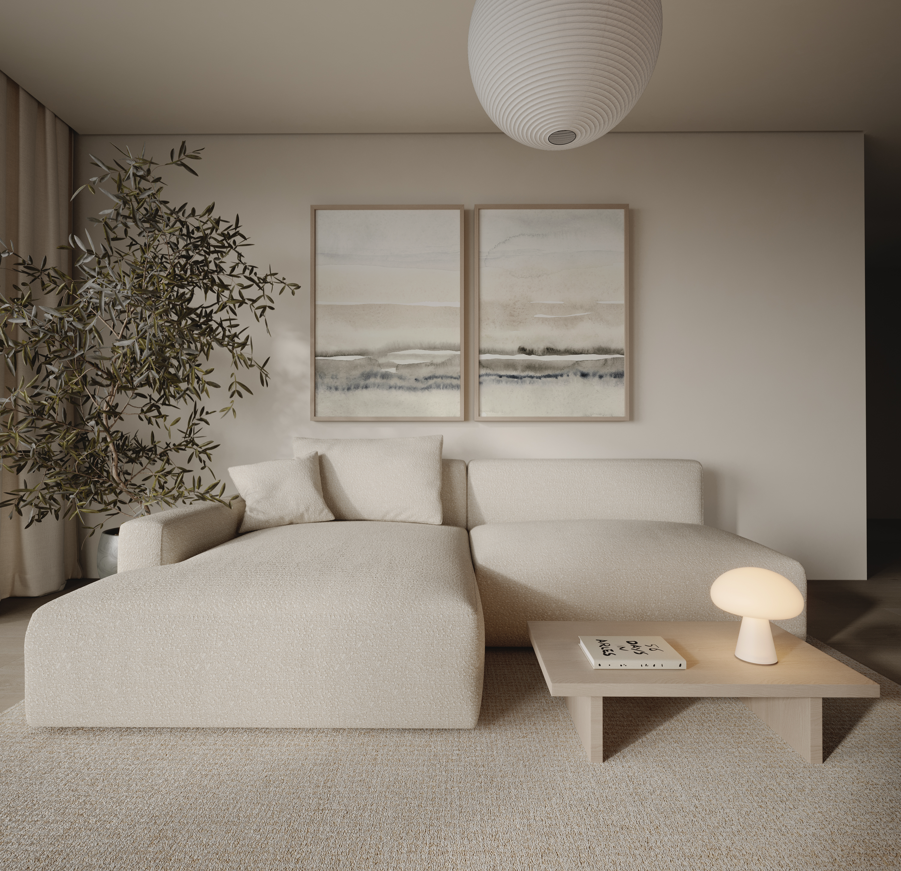 סט של שני פוסטרים ממוסגרים בעיצוב אבסטרקטי בגוונים טבעיים של חול, מים ושמיים, עם קווים רכים ליצירת אווירה רגועה ומודרנית.