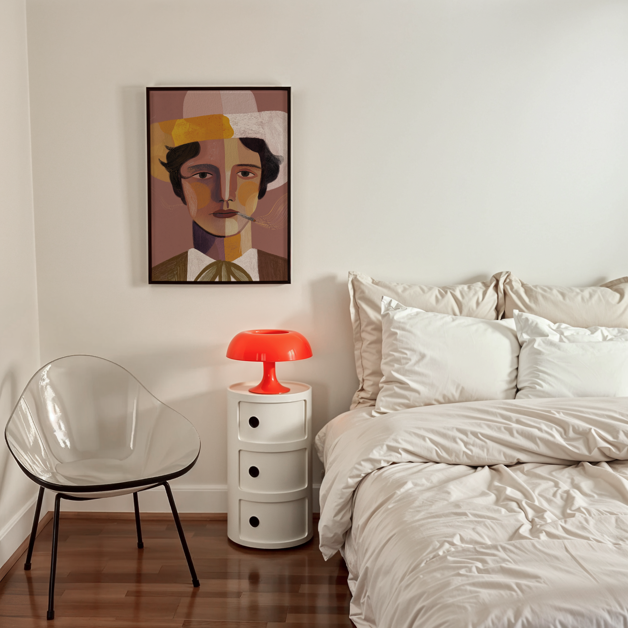 יצירה ממוסגרת של דמות גברית בשם Armand בסגנון אמנותי מודרני ובצבעים עמוקים