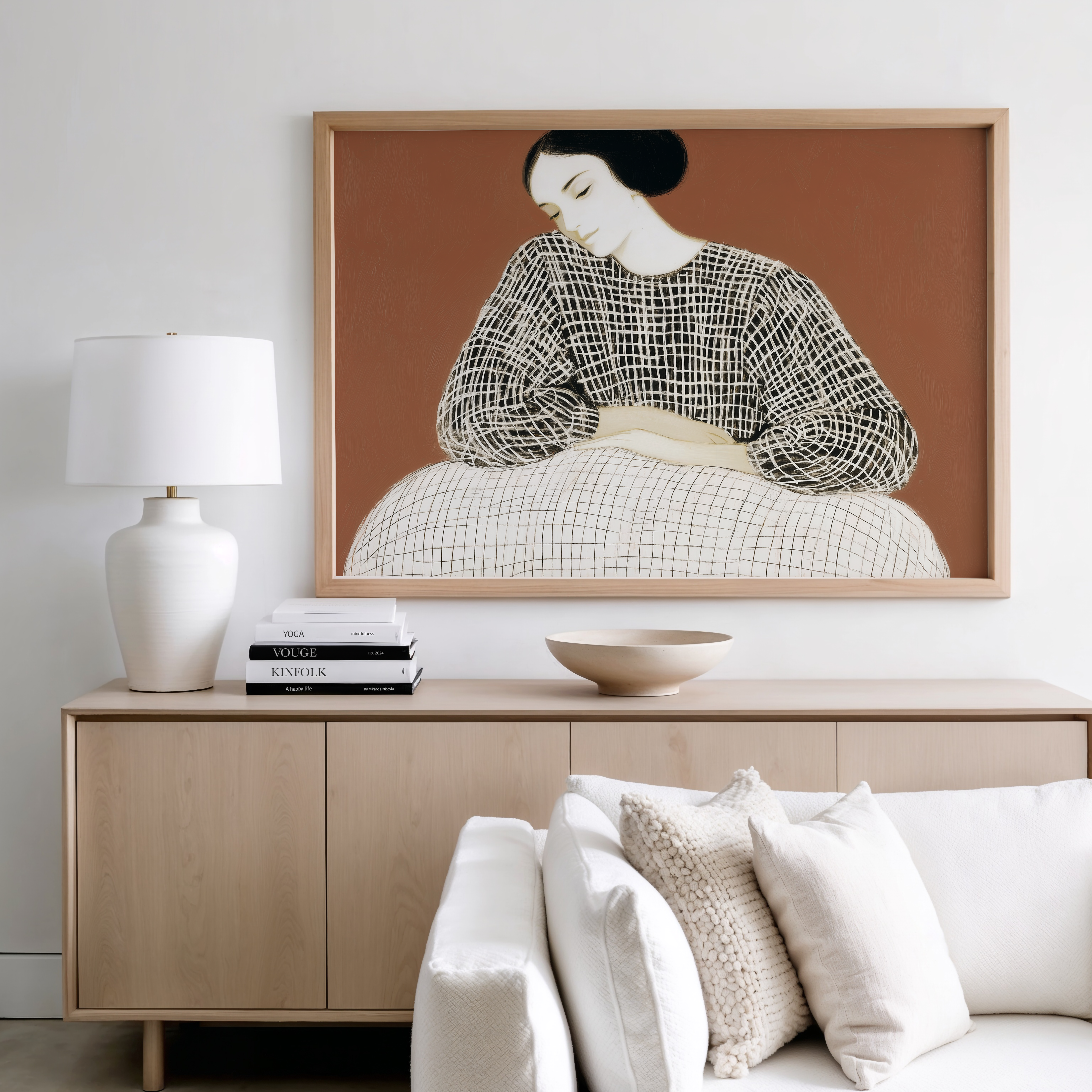 יצירת אמנות מינימליסטית בגווני אדמה עם דמות נשית בקווים עדינים – Vartine