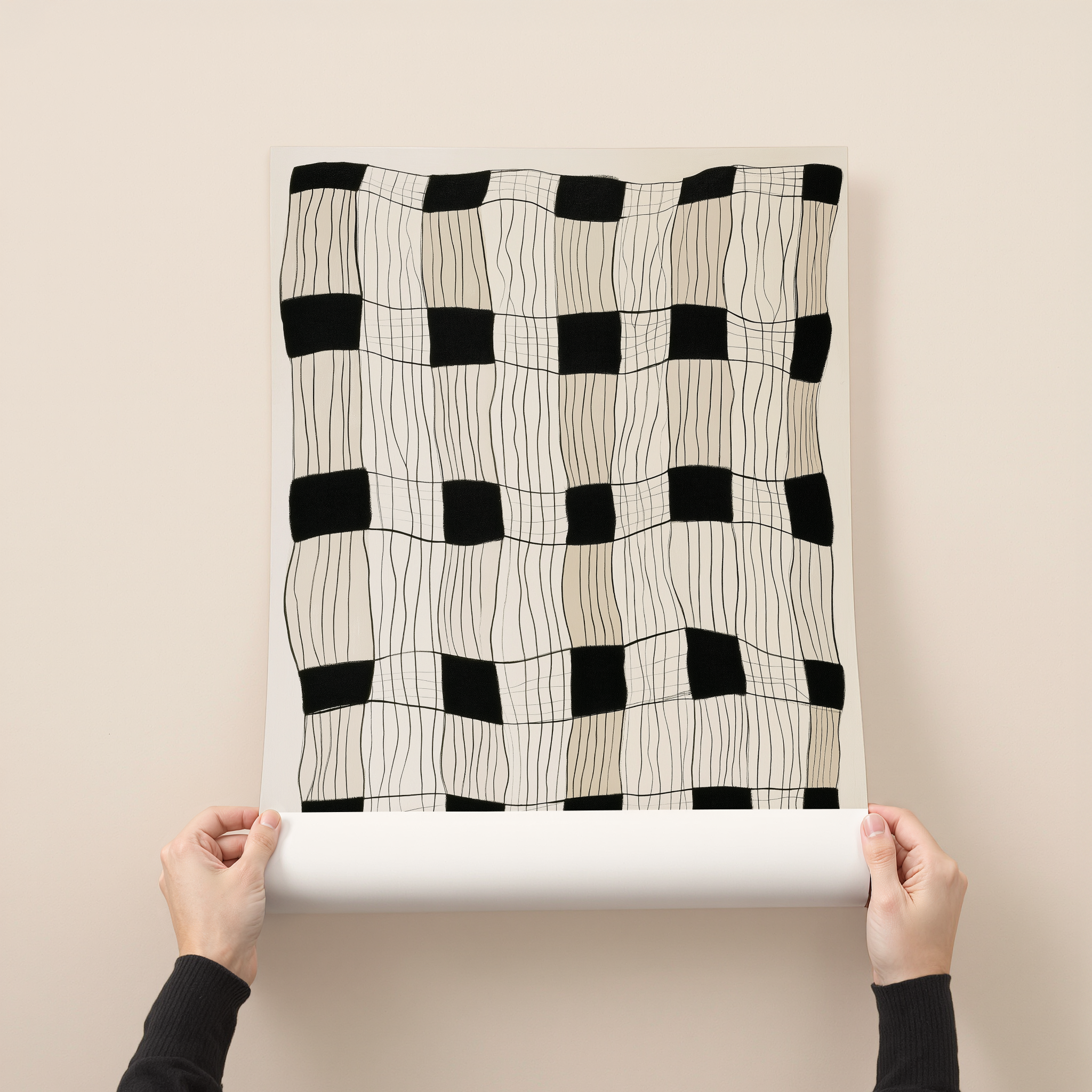 הדפס אמנות מופשט מינימליסטי בשחור לבן עם קווים גאומטריים ידניים – Tirra