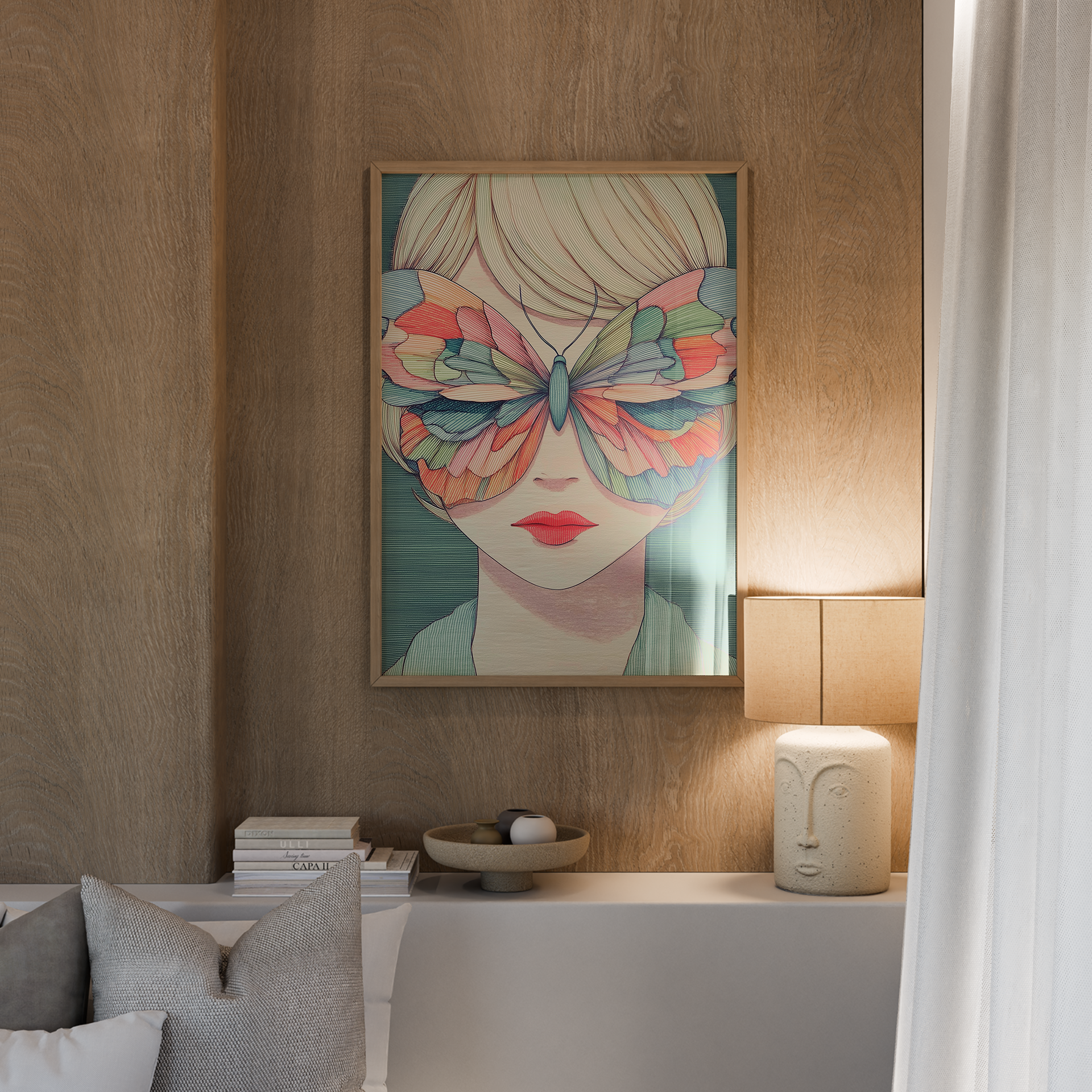 יצירת קיר Papill עם דמות נשית ופרפר צבעוני על הפנים בגוונים רכים