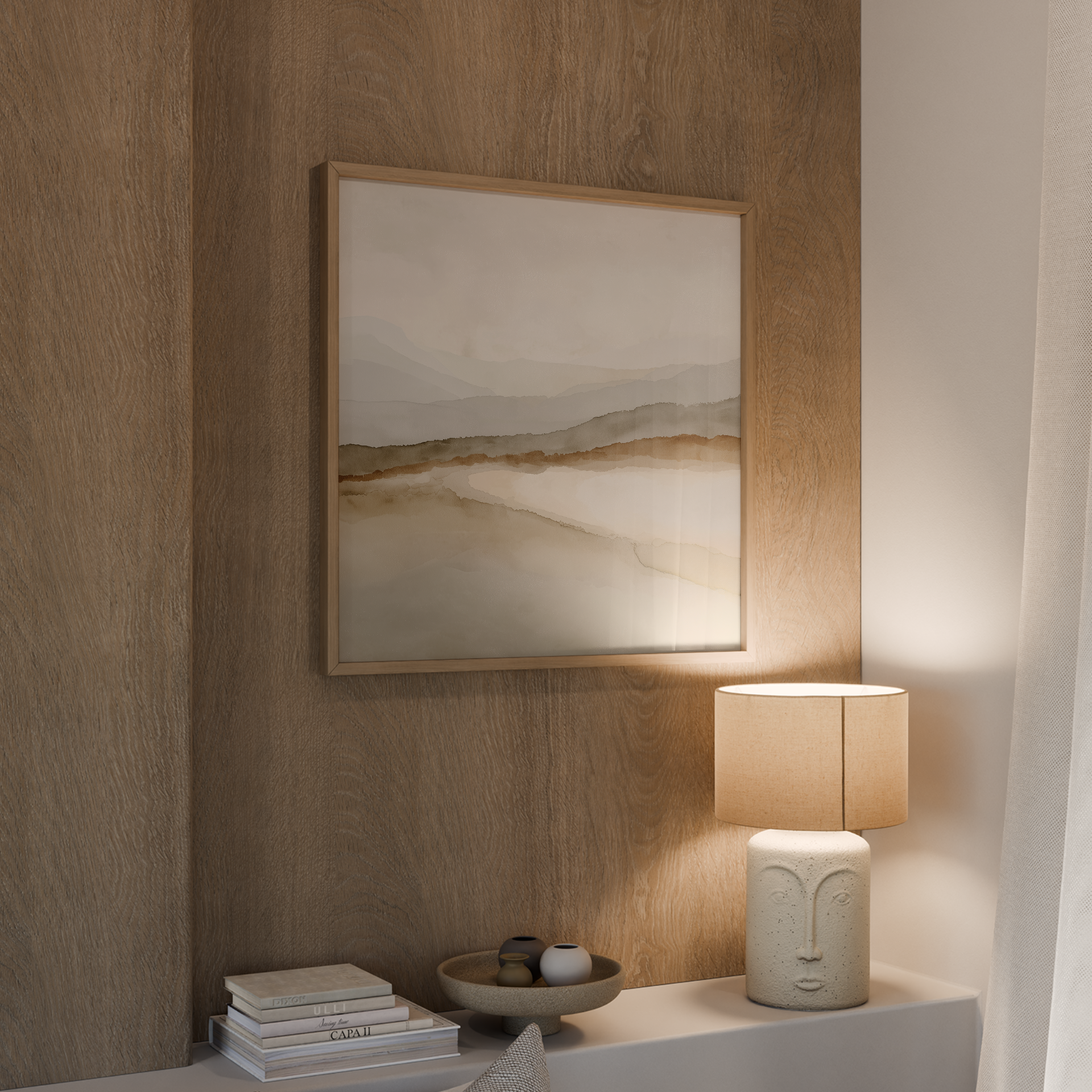 Arlisse – יצירה מינימליסטית בגווני חול ואפרפר עם שכבות אופק עדינות, ממוסגרת על קיר בהיר