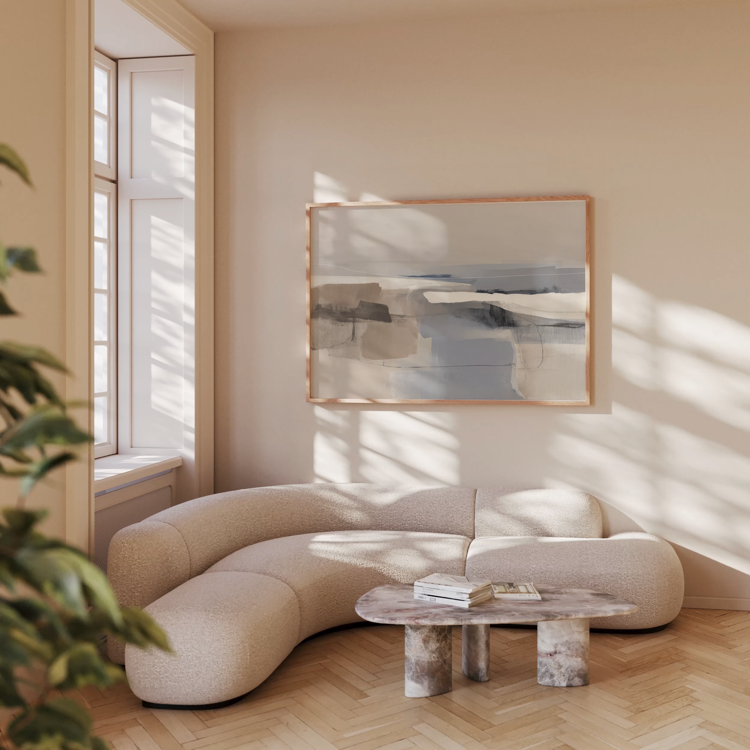 תמונה מופשטת בצבעי חמרה, חול ותכלת במסגרת עץ, תלויה בסלון מודרני מואר