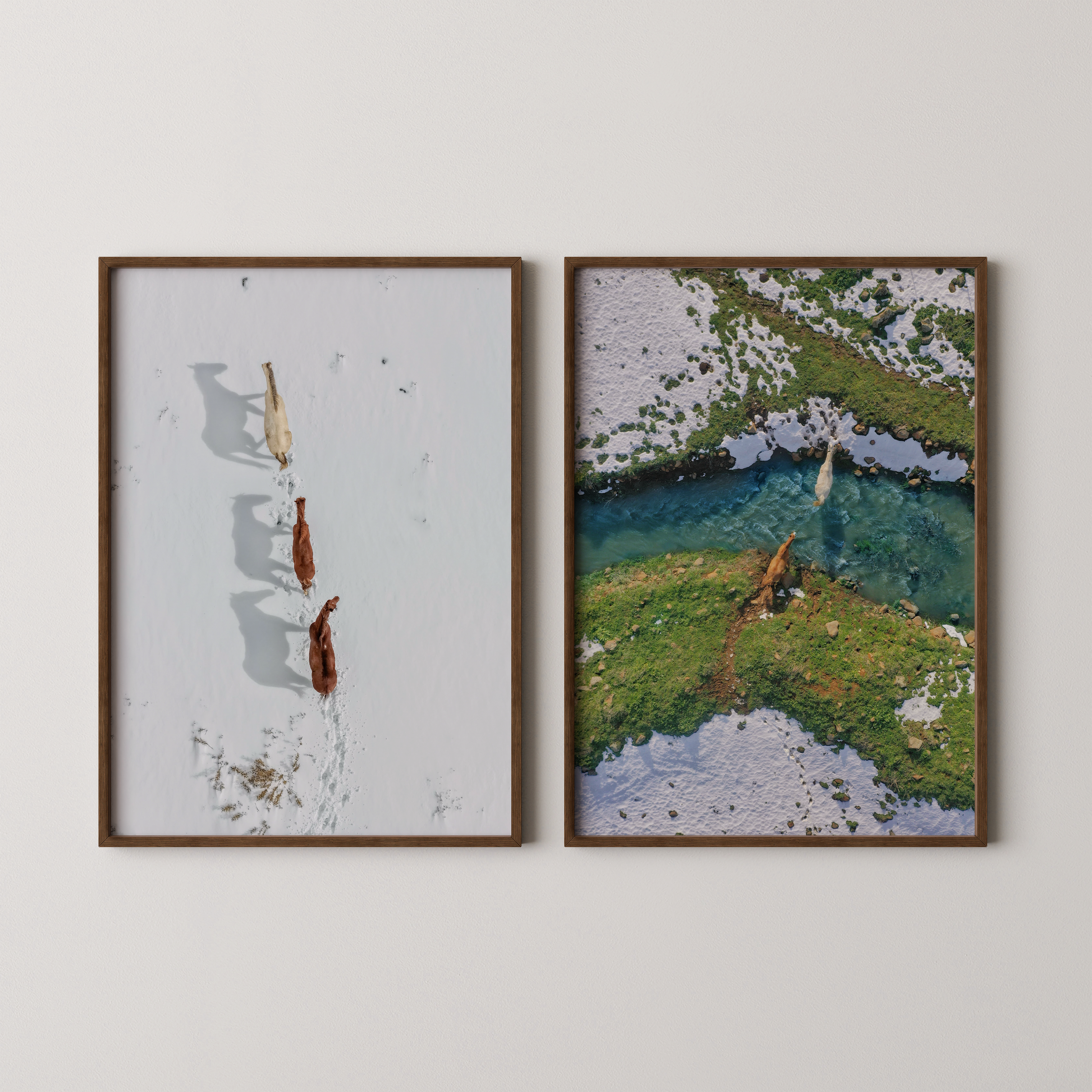 סט צילום אווירי ממוסגר של סוסים במאגר בנטל ומתחת להר חרמון מאת חן כליפה לוי בגווני טבע ירוק, כחול ולבן