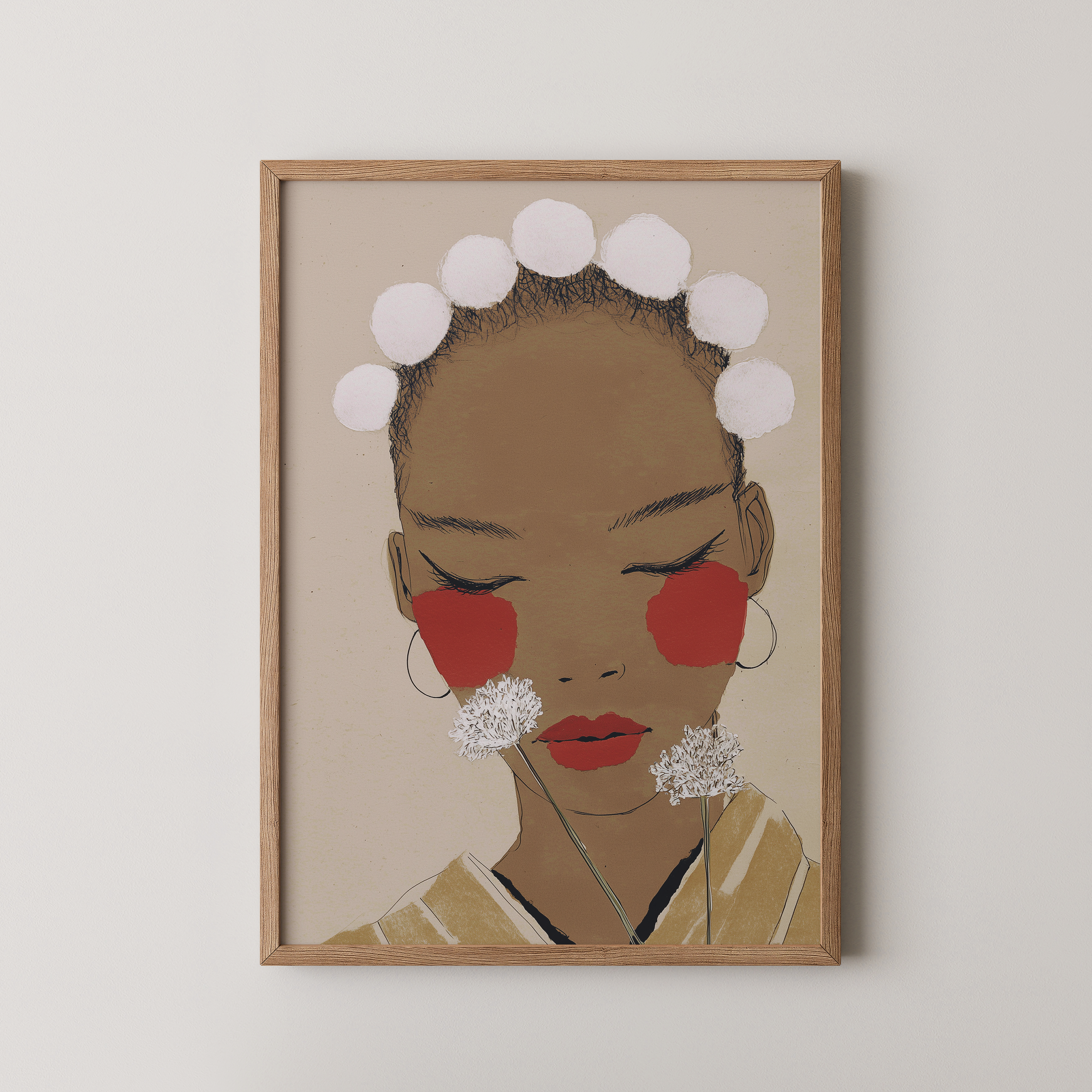 איור של דמות נשית בעיניים עצומות עם רקע ניטרלי, לחיים אדומות ופרחי שומר לבנים – יצירה מינימליסטית מהקולקציה של Trausi+Tosh