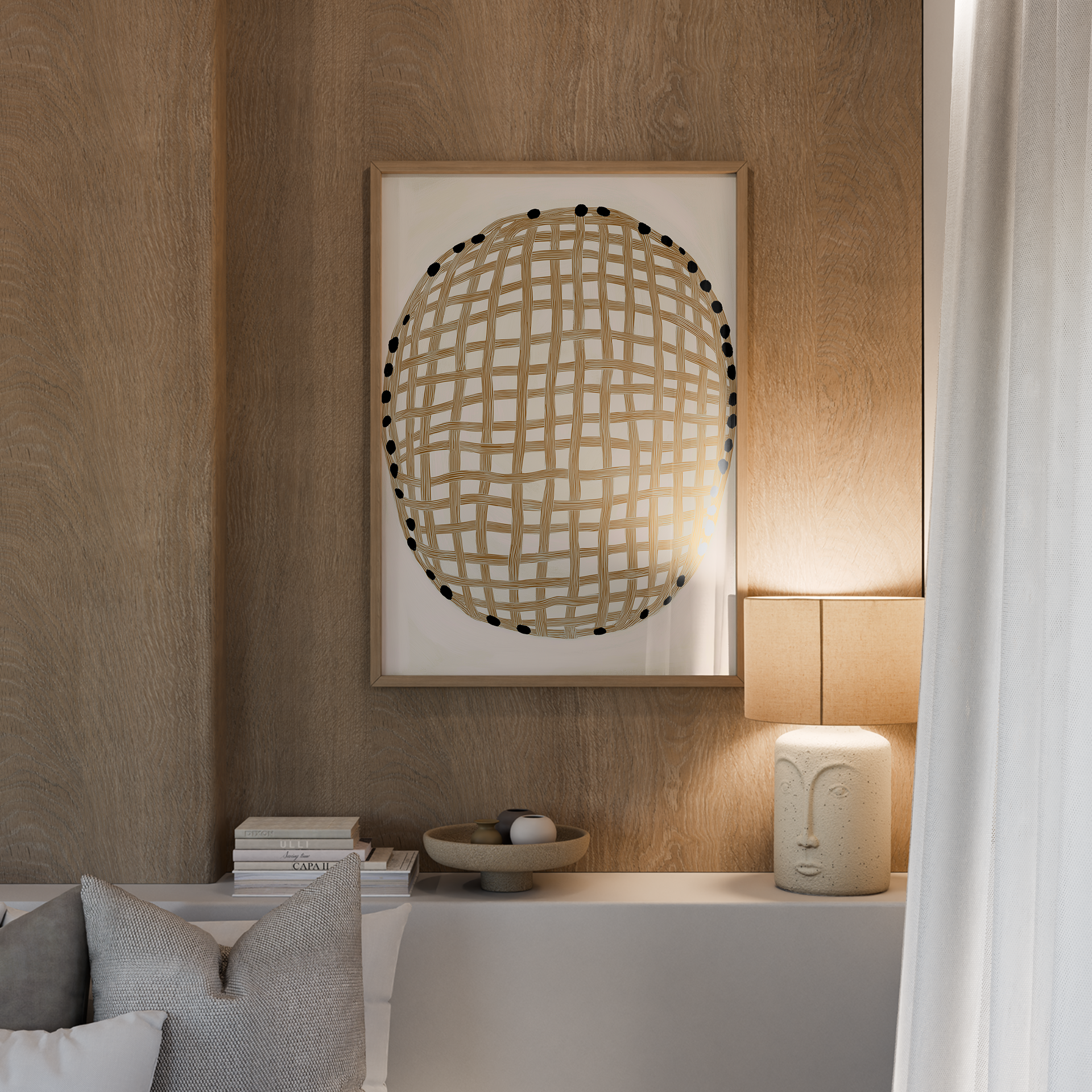 הדפס אמנותי מופשט בצורת עיגול מקווים שזורים בגוונים טבעיים, ממוסגר בעץ – יצירה בשם Vire מבית Trausi+Tosh