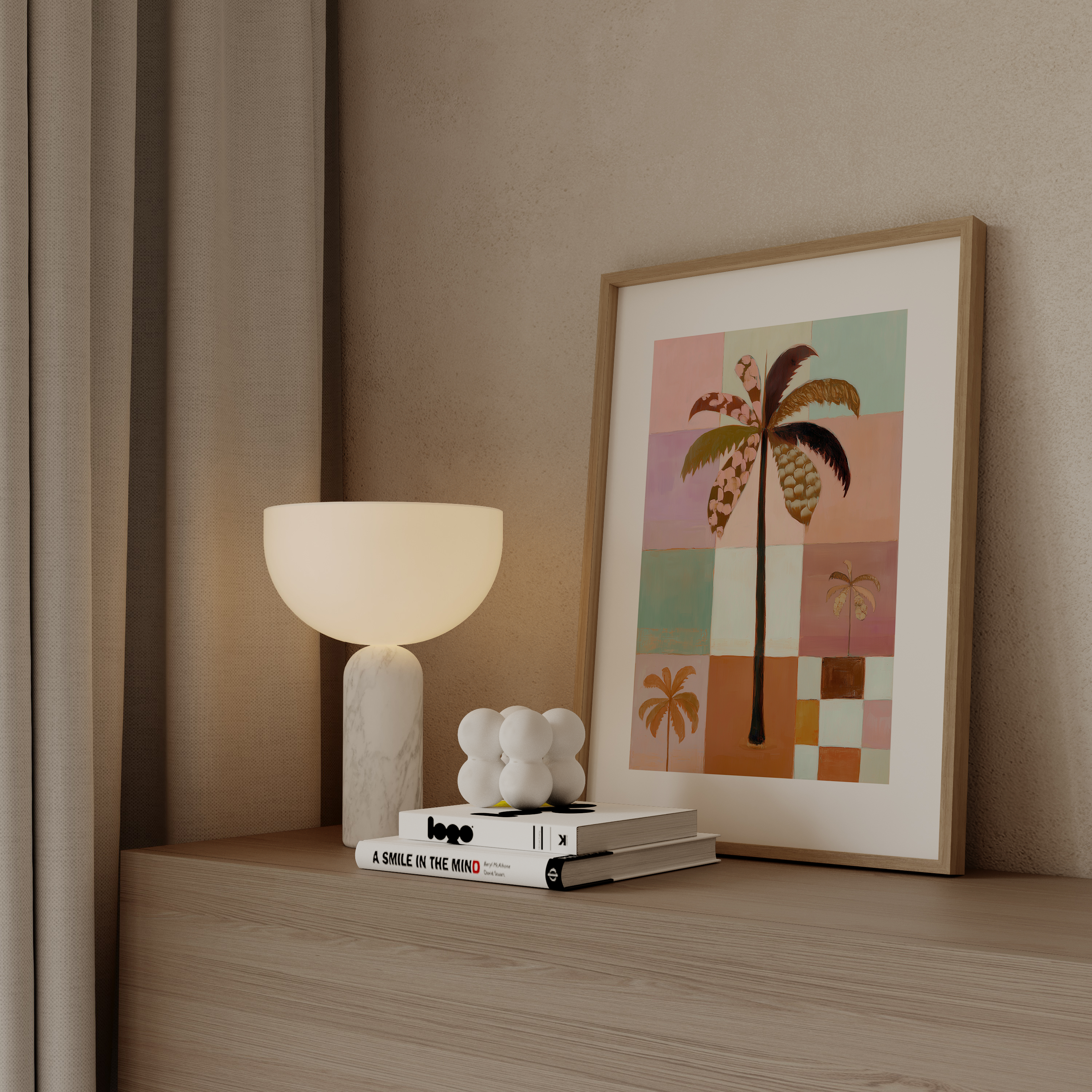 יצירת אמנות ממוסגרת "פאלמה" – איור דקל בסגנון גיאומטרי צבעוני בגווני טרקוטה, ירקרק וורוד.