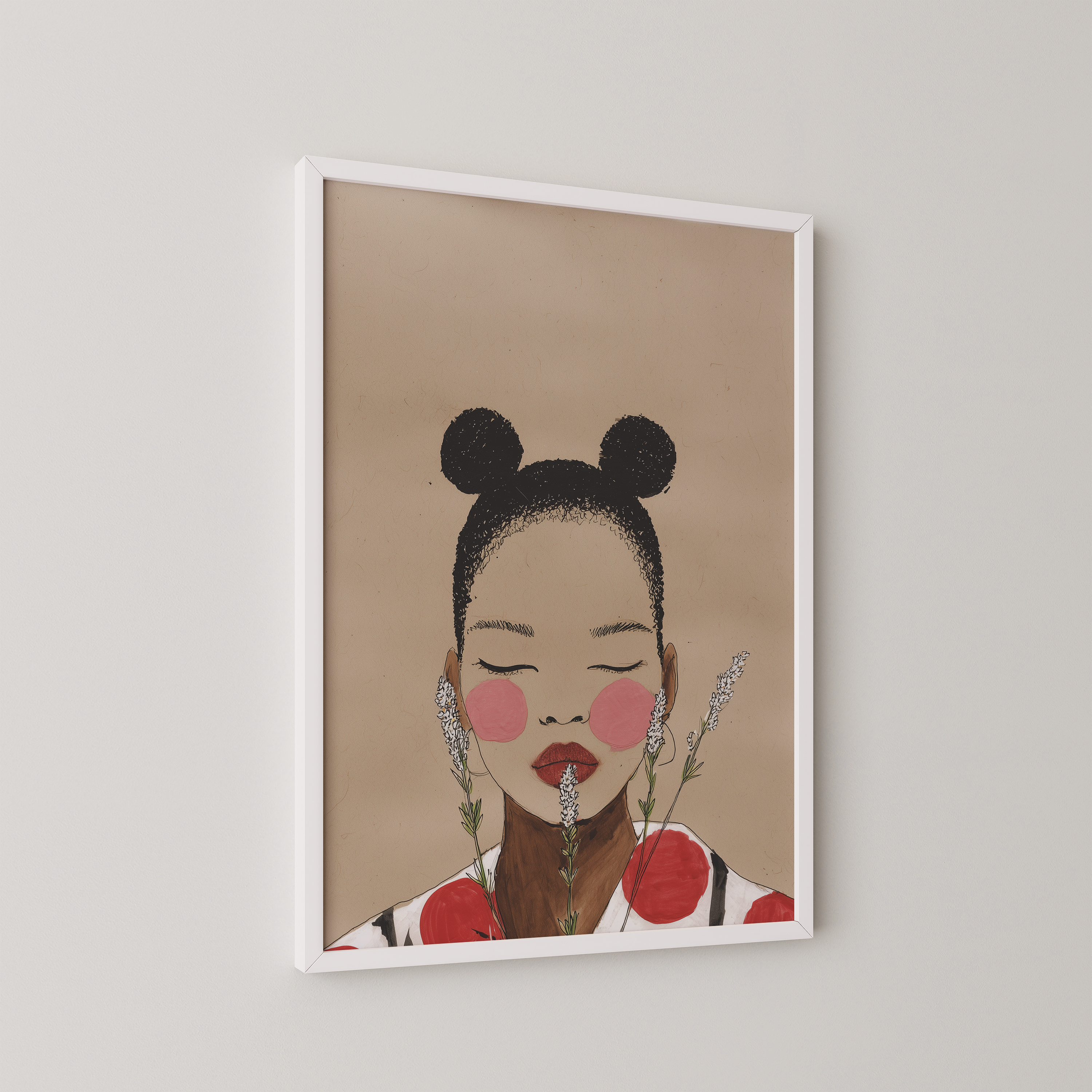 איור אמנותי של אישה עם עיניים עצומות, שיער אסוף לשתי גומיות ולחיים סמוקות, עם פרחים לבנים סביב פניה, על רקע בז'.