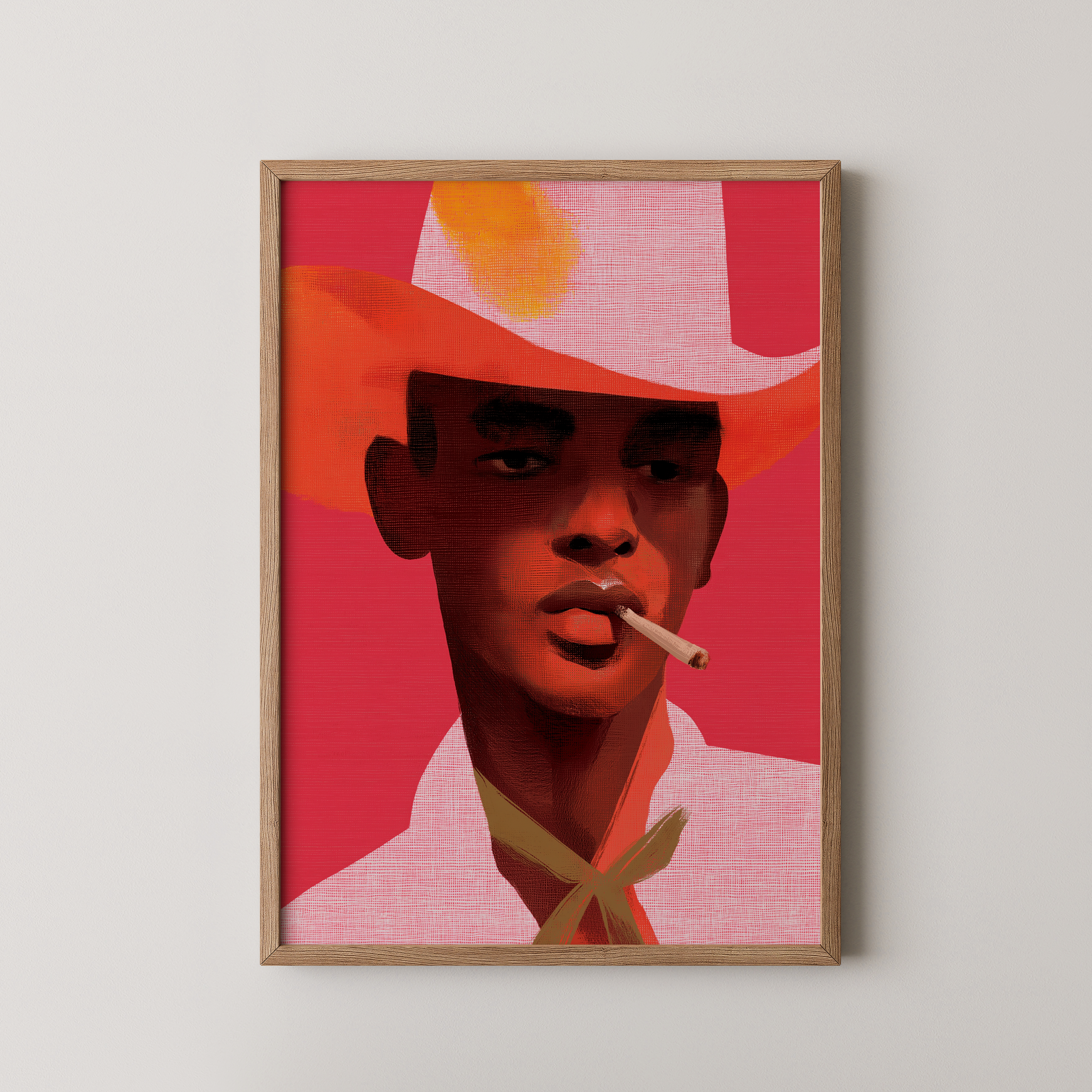 יצירה ממוסגרת Leon – דמות גברית עם כובע וסיגריה בגווני אדום וורוד, אמנות מודרנית עם נוכחות ועומק לחלל