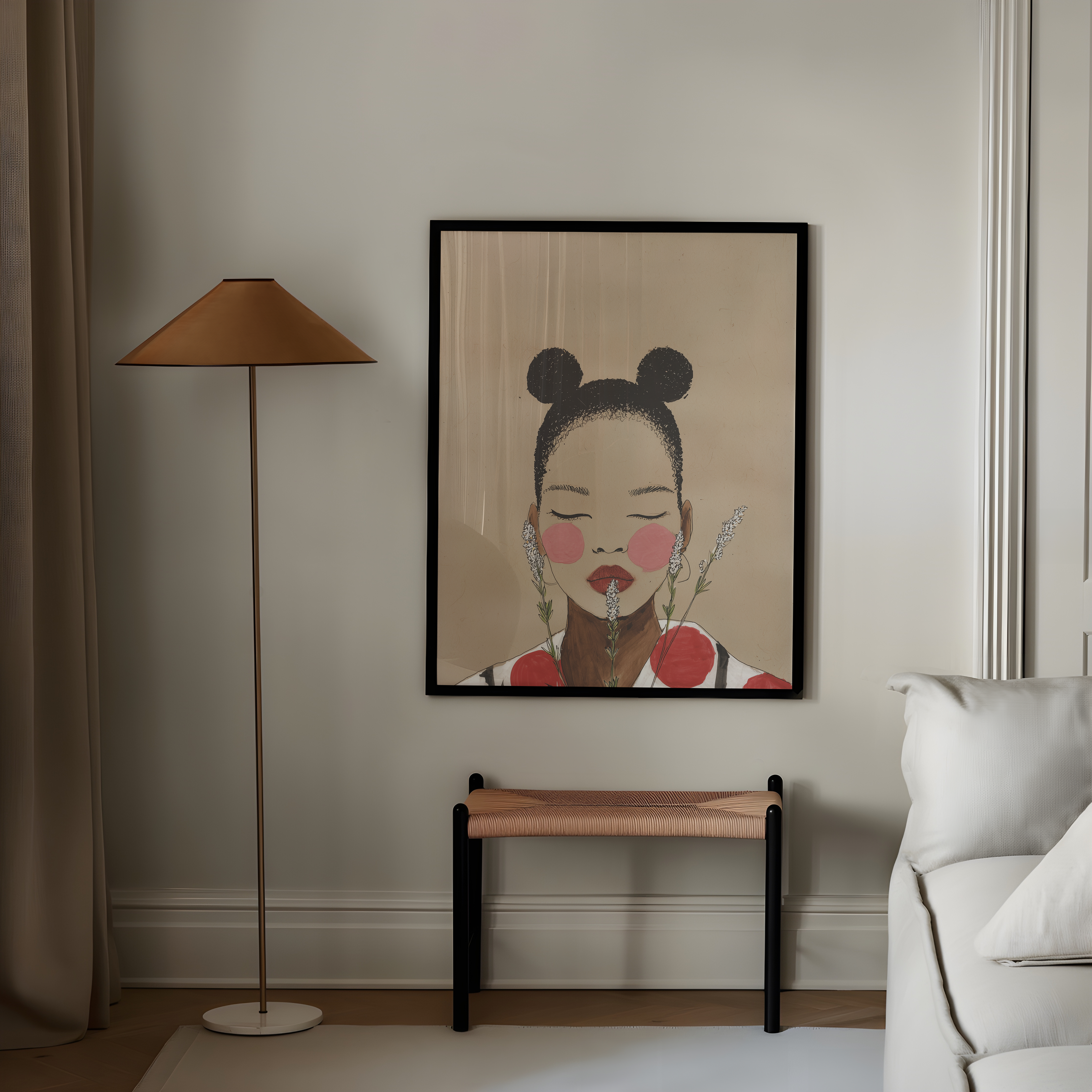 איור אמנותי של אישה עם עיניים עצומות, שיער אסוף לשתי גומיות ולחיים סמוקות, עם פרחים לבנים סביב פניה, על רקע בז'.