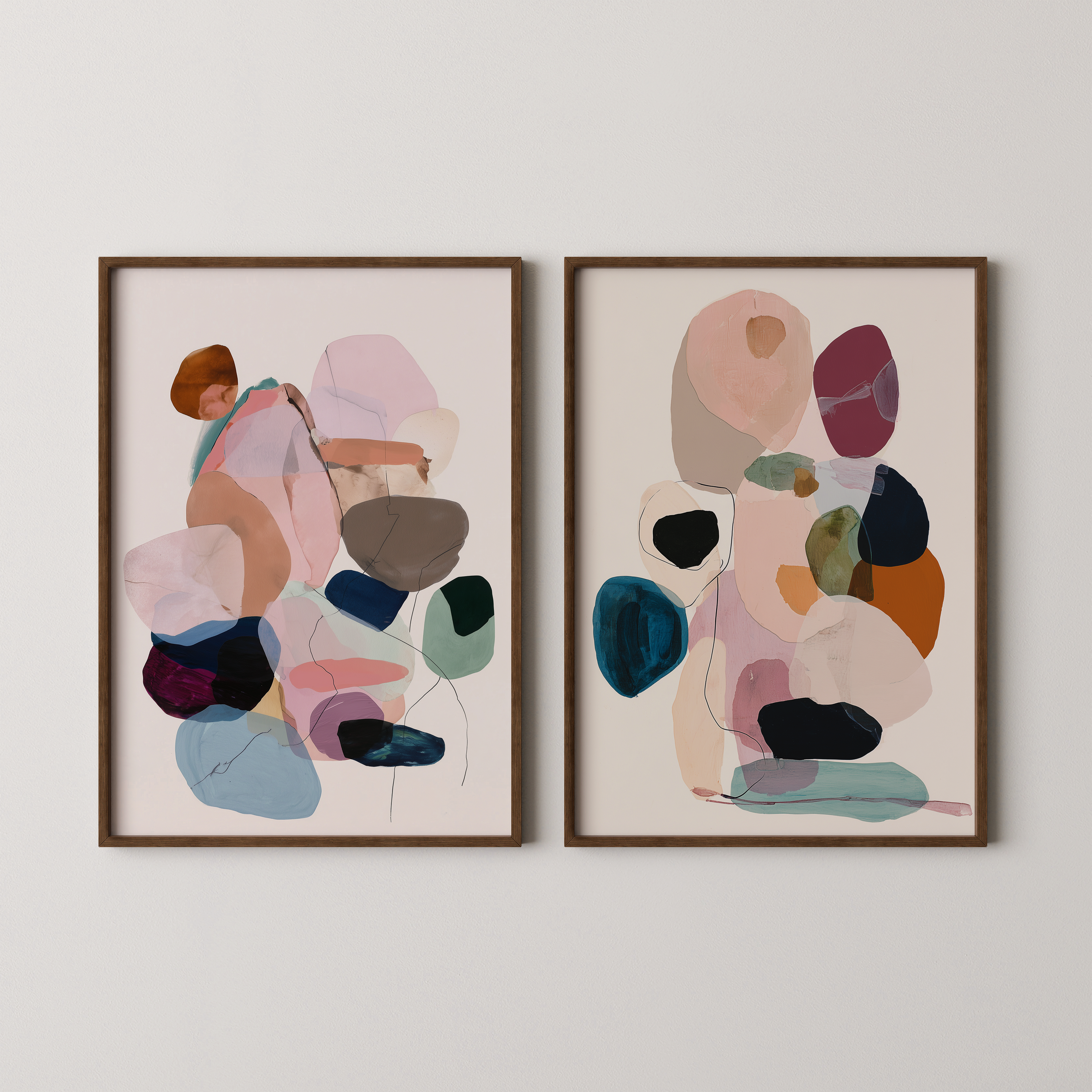 סט יצירות Calme – קומפוזיציה מופשטת בגוונים רכים ועמוקים