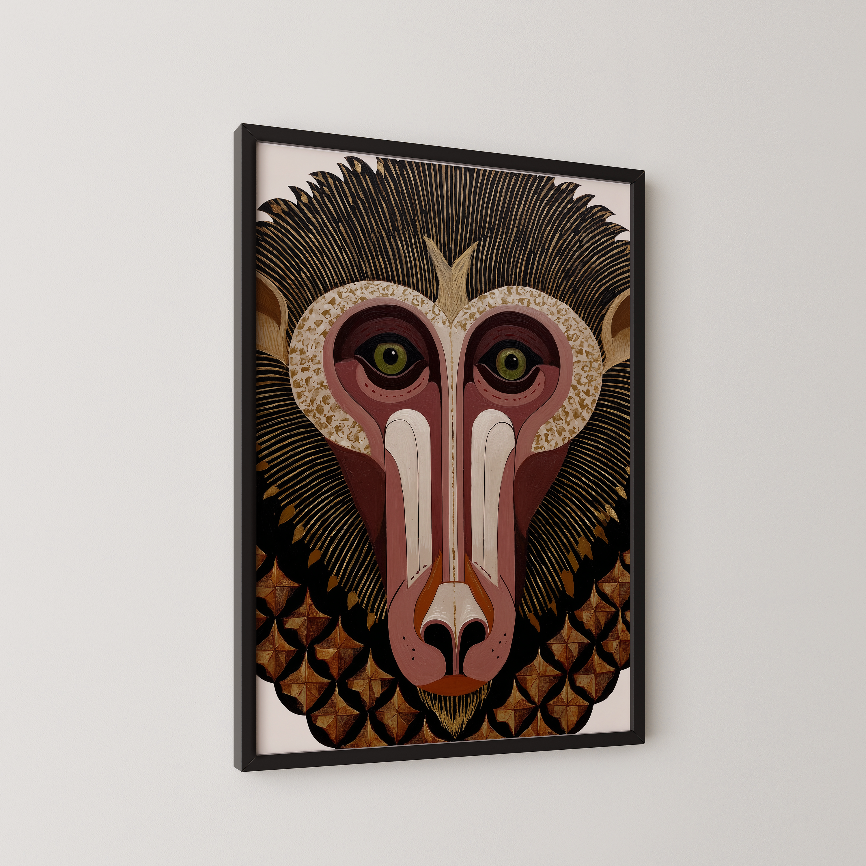 דיוקן גרפי של דמות חייתית בסגנון שבטי, בצבעי חום וזהב, מתוך סדרת Totemoro של Trausi+Tosh.