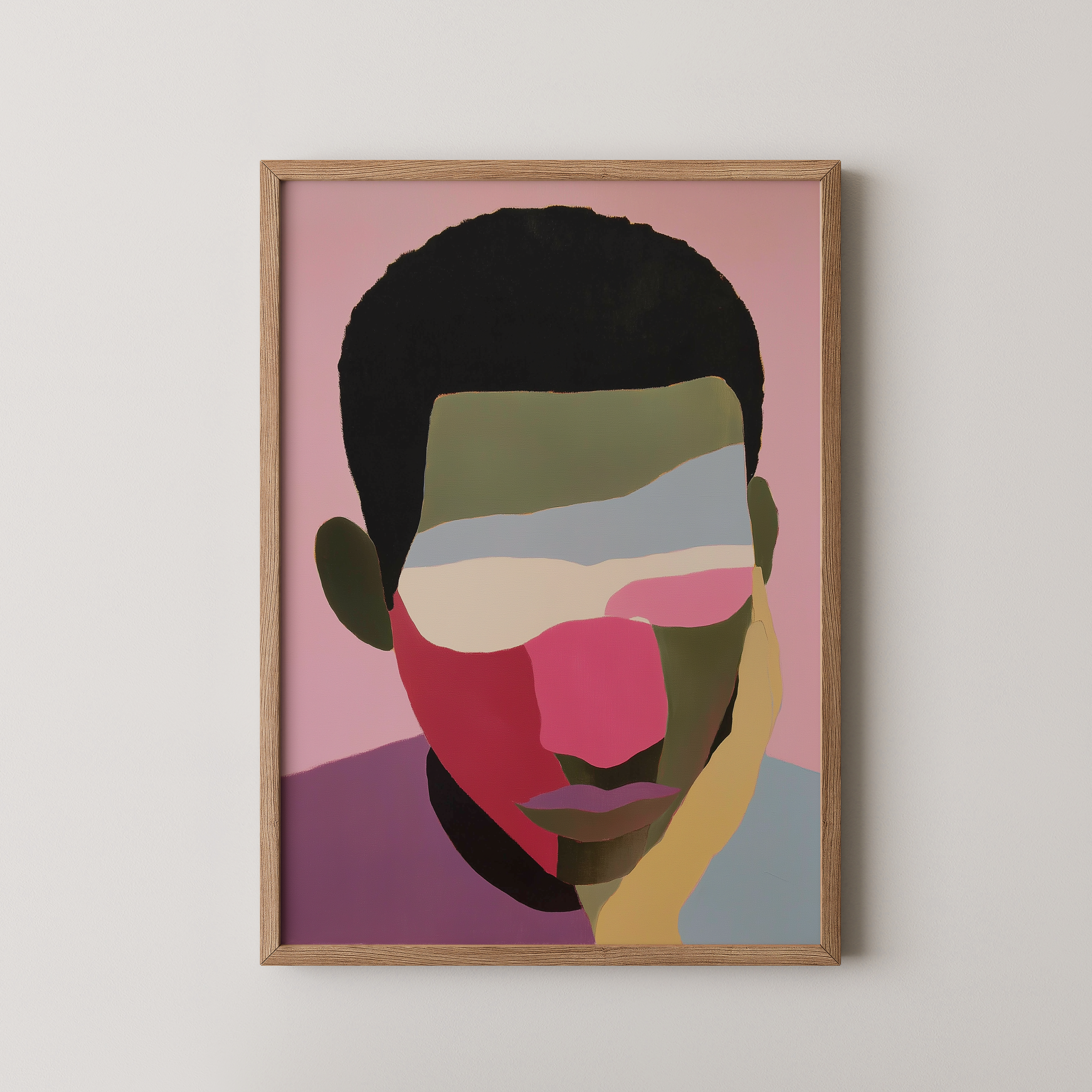 יצירה ממוסגרת של דיוקן גברי מופשט בגווני ורוד, ירוק ותכלת – Isandro מבית Trausi+Tosh