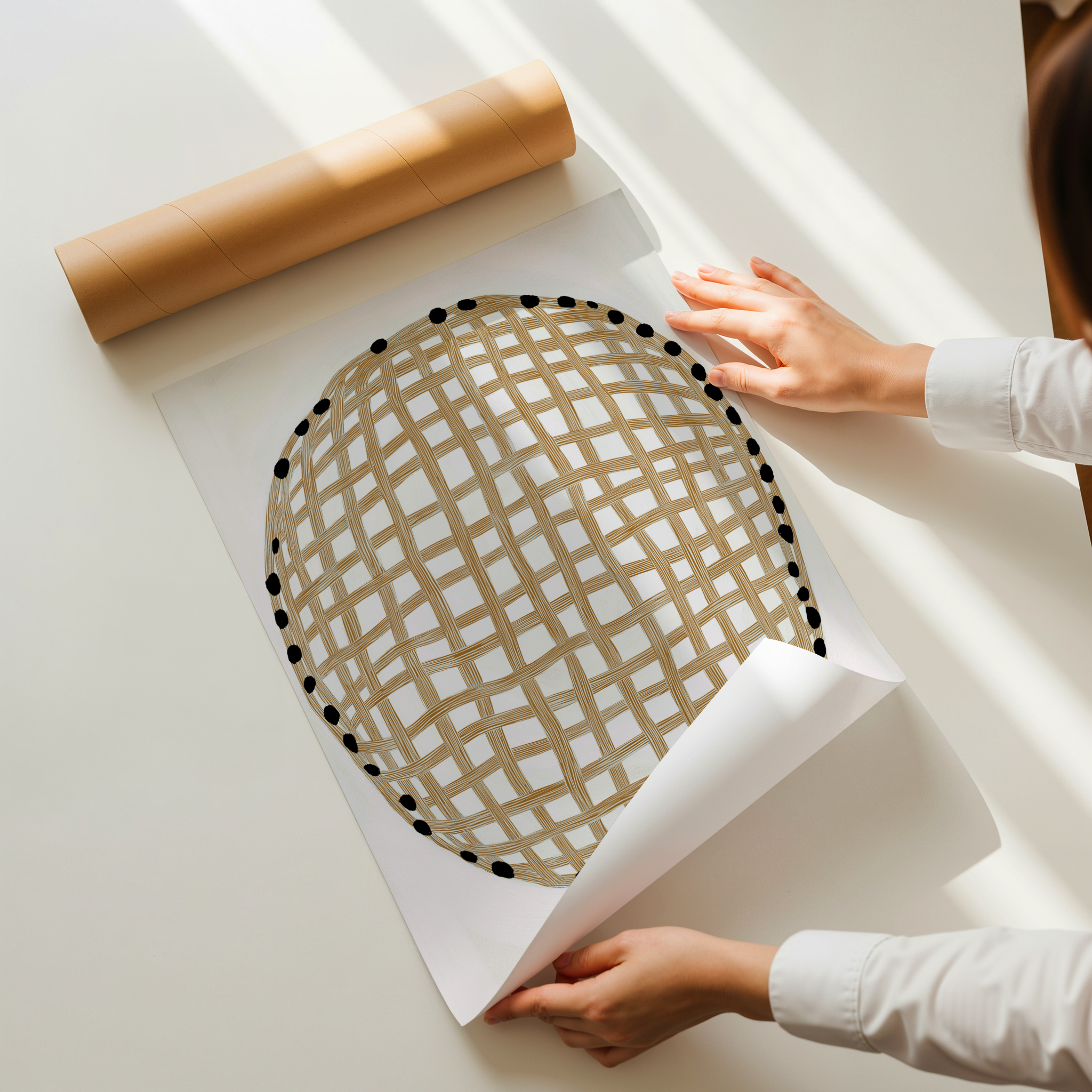 הדפס אמנות מופשט מינימליסטי בקווים אנכיים ואופקיים בגוונים טבעיים, בסגנון נורדי מודרני.