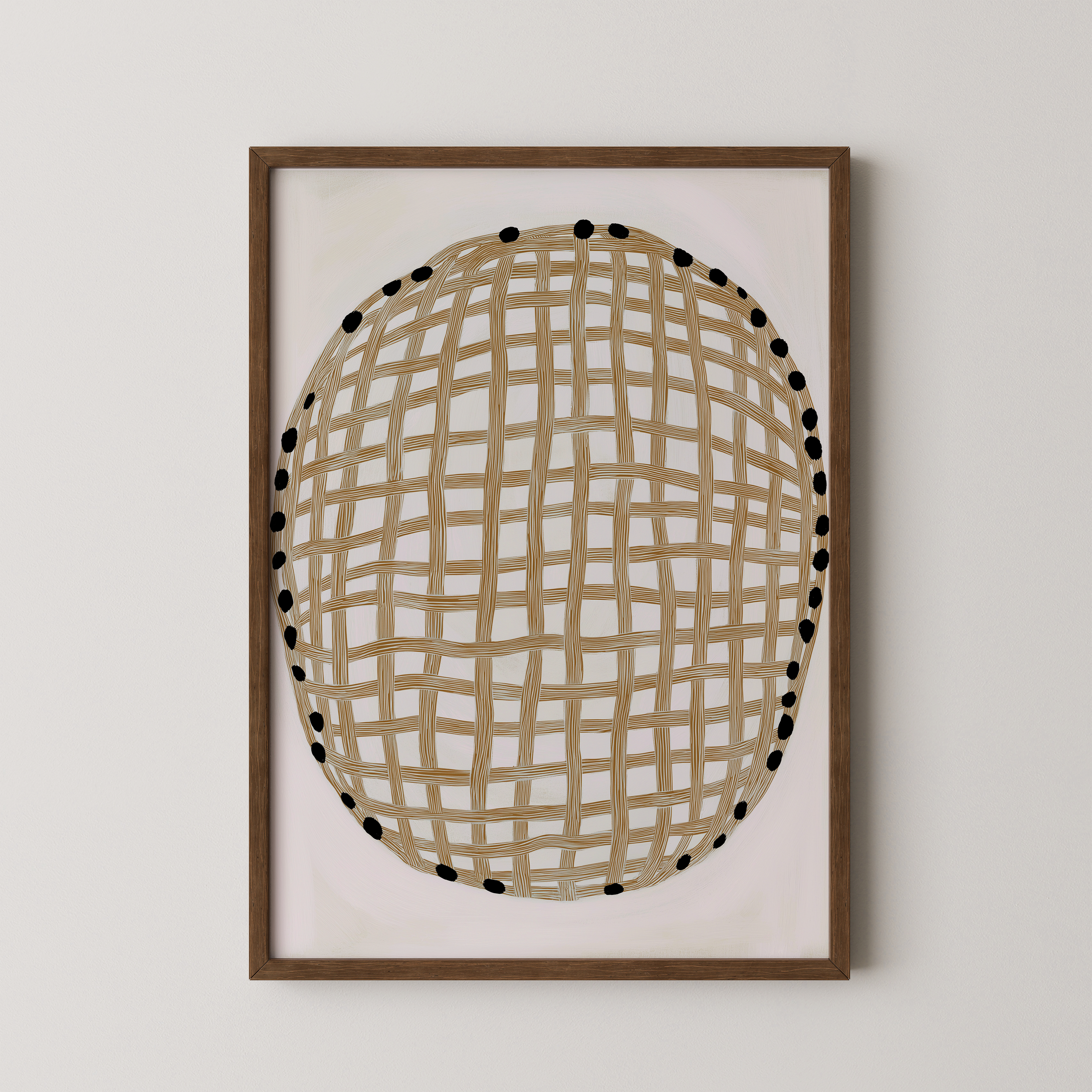 הדפס אמנותי מופשט בצורת עיגול מקווים שזורים בגוונים טבעיים, ממוסגר בעץ – יצירה בשם Vire מבית Trausi+Tosh