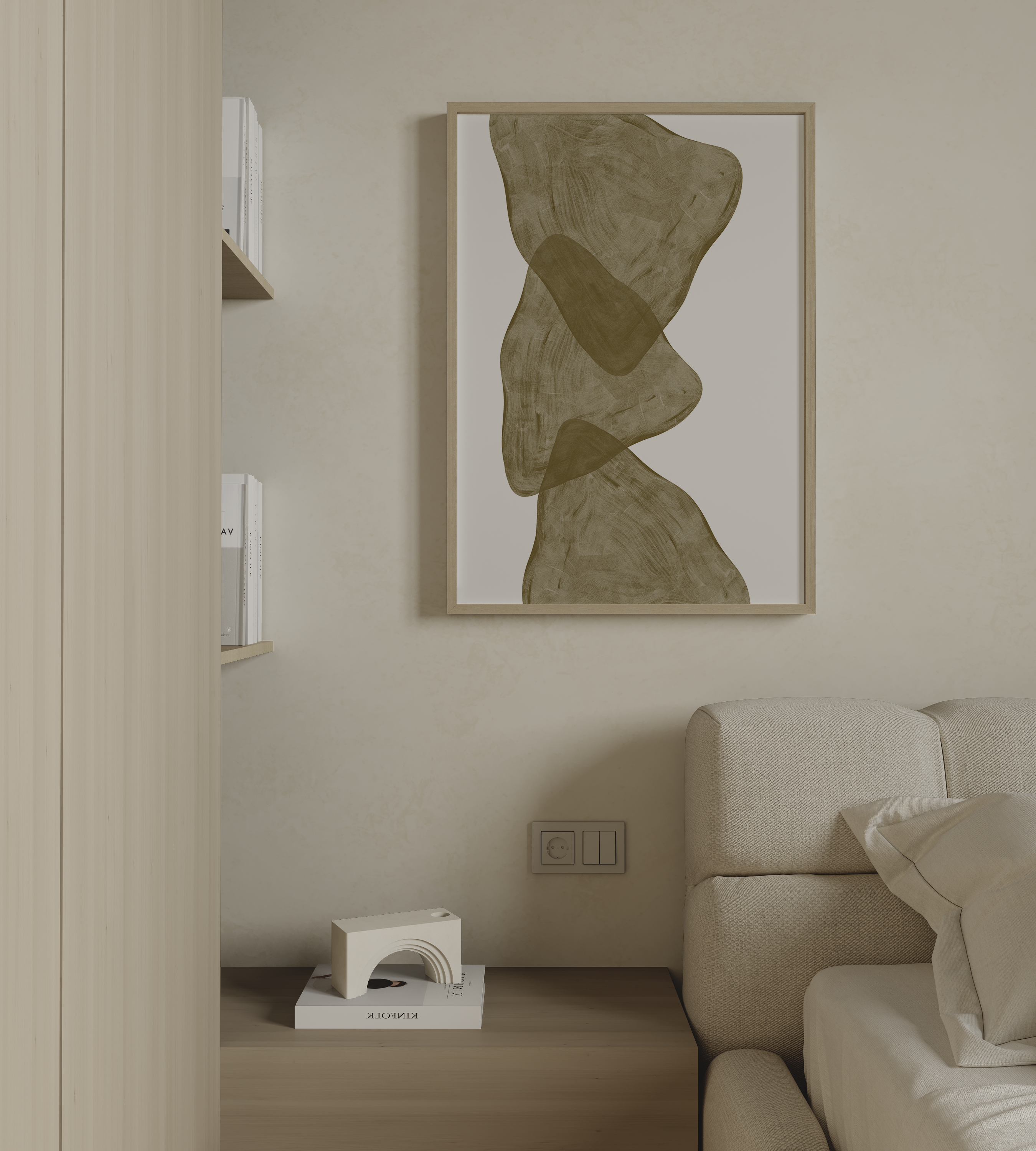 Morane – יצירה מופשטת בגווני זית וחול עם צורות אורגניות אנכיות במסגרת עץ טבעי