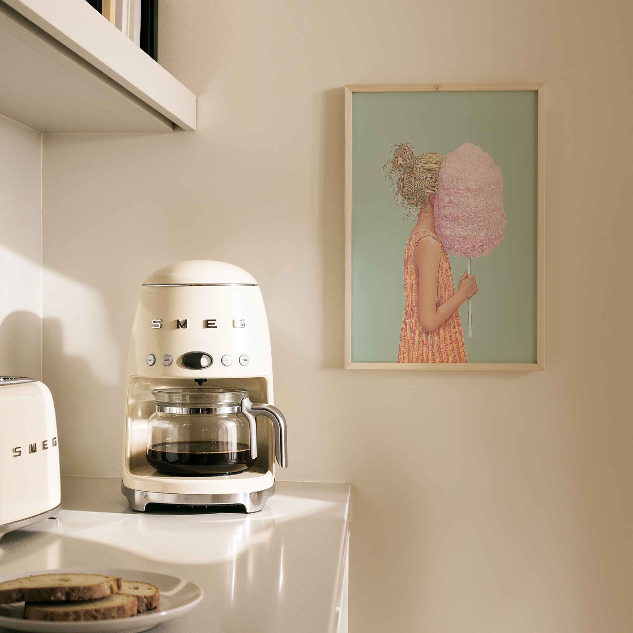 יצירת אמנות Candise – ילדה עם צמר גפן מתוק בצבע ורוד על רקע ירקרק, סגנון מודרני רך.