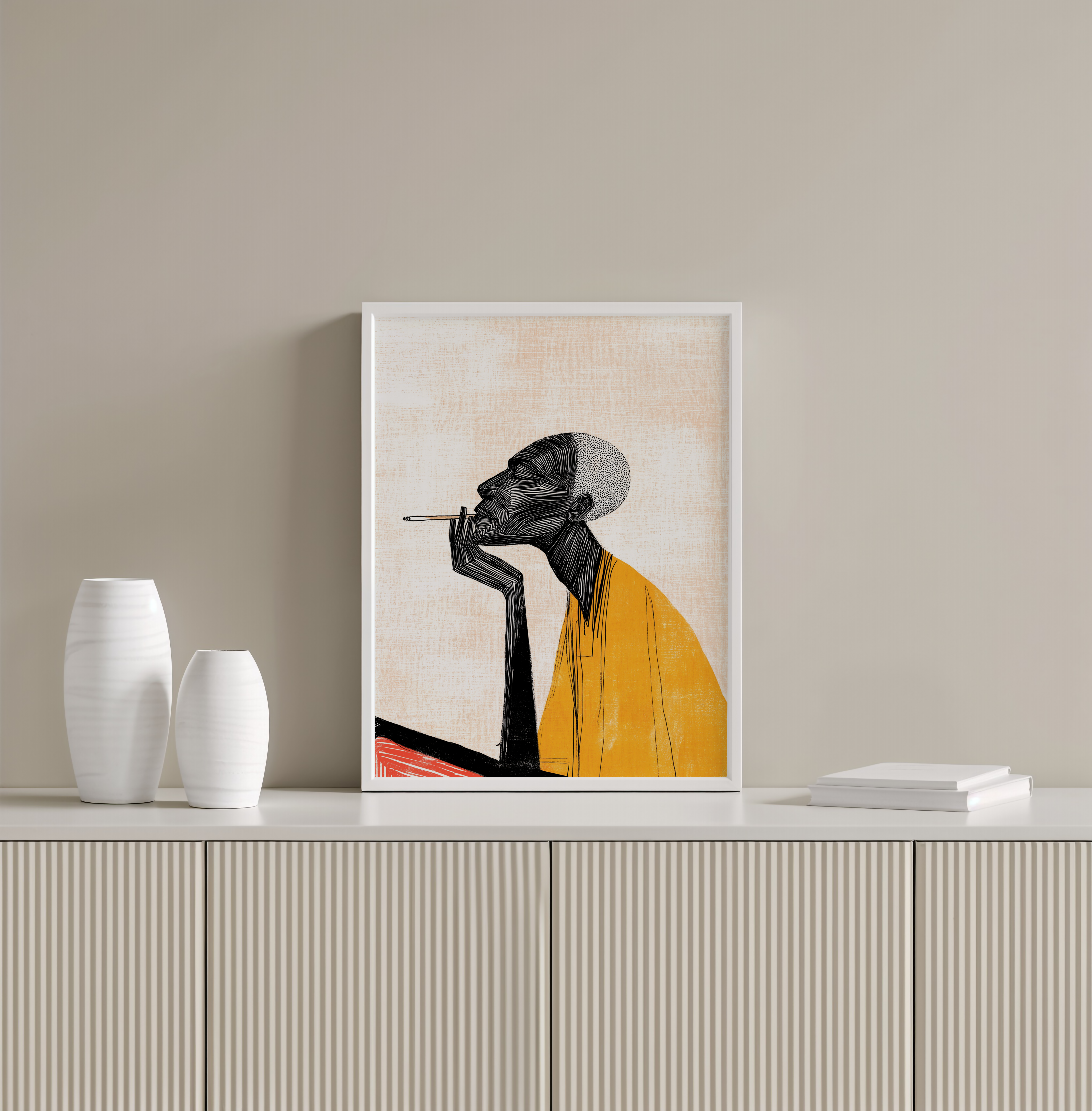 יצירה ממוסגרת עם דמות גברית מאוירת בקווים שחורים ושכבות צבע חמות, בסגנון מודרני מינימליסטי, מאת Trausi+Tosh