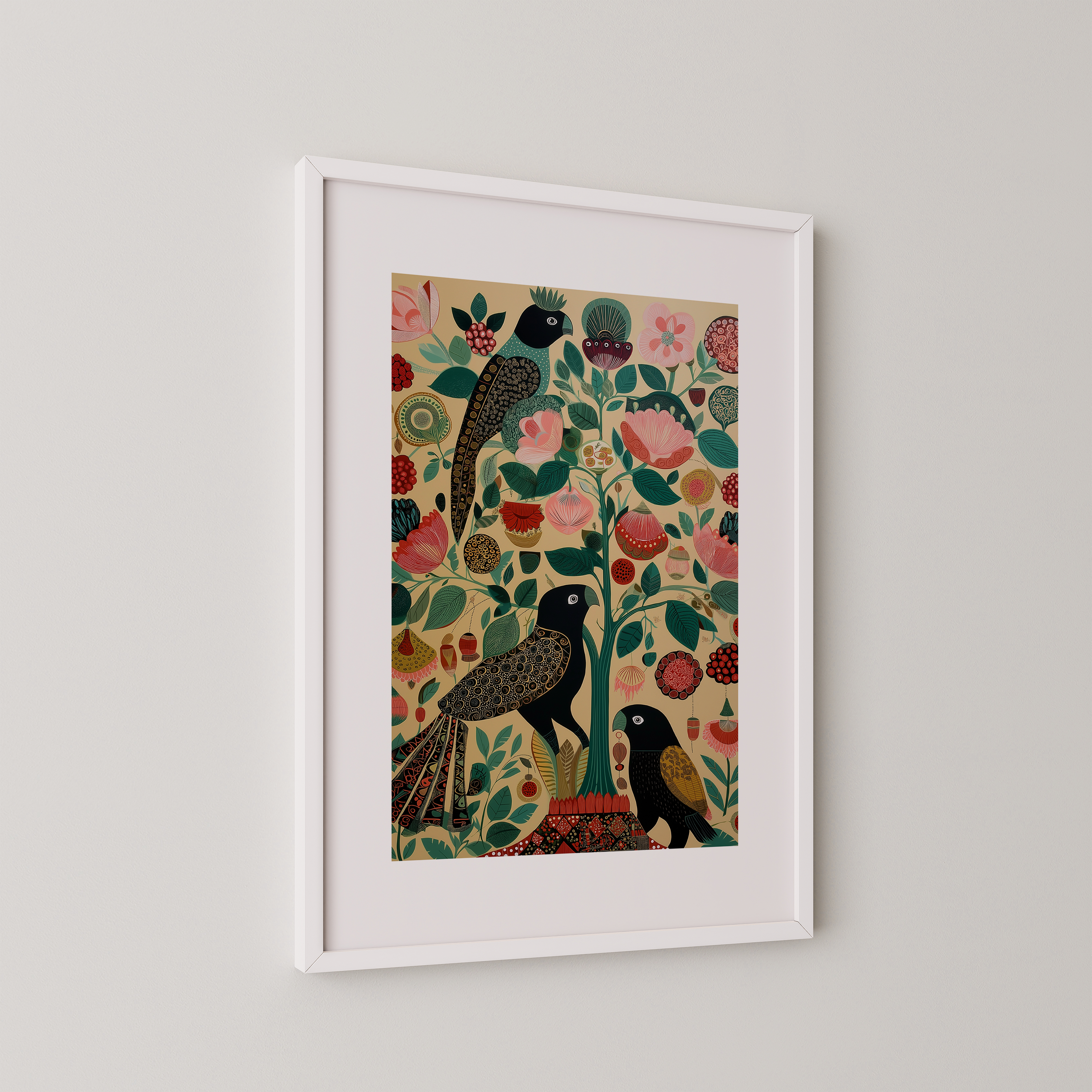 יצירת אמנות ממוסגרת Solmira – שלוש ציפורים בין פרחים צבעוניים בסגנון בוהמי-אלגנטי