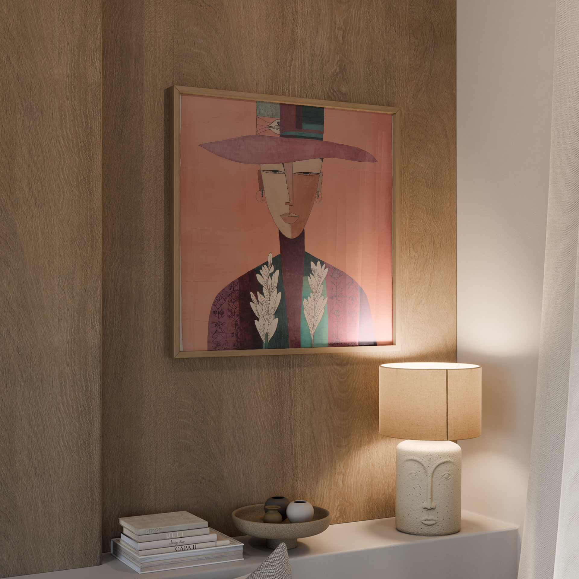 איור אמנותי של דמות גברית עם כובע רחב, בגוני טארקוטה וחום, במסגרת עץ