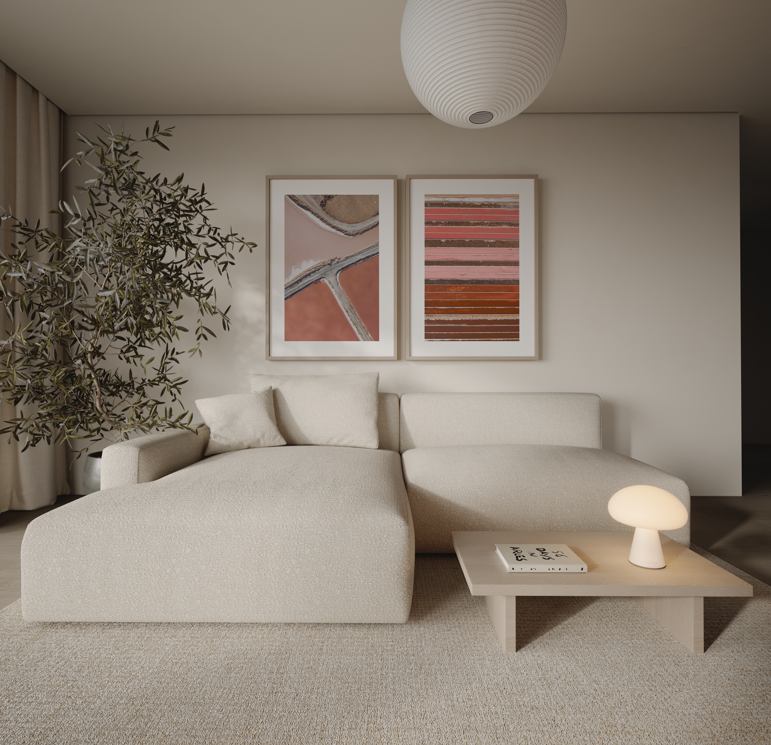 יצירת אמנות של שי אשכנזי – מבט אווירי על בריכות המלח באילת בגווני ורוד וחמרה עם קווים גיאומטריים טבעיים