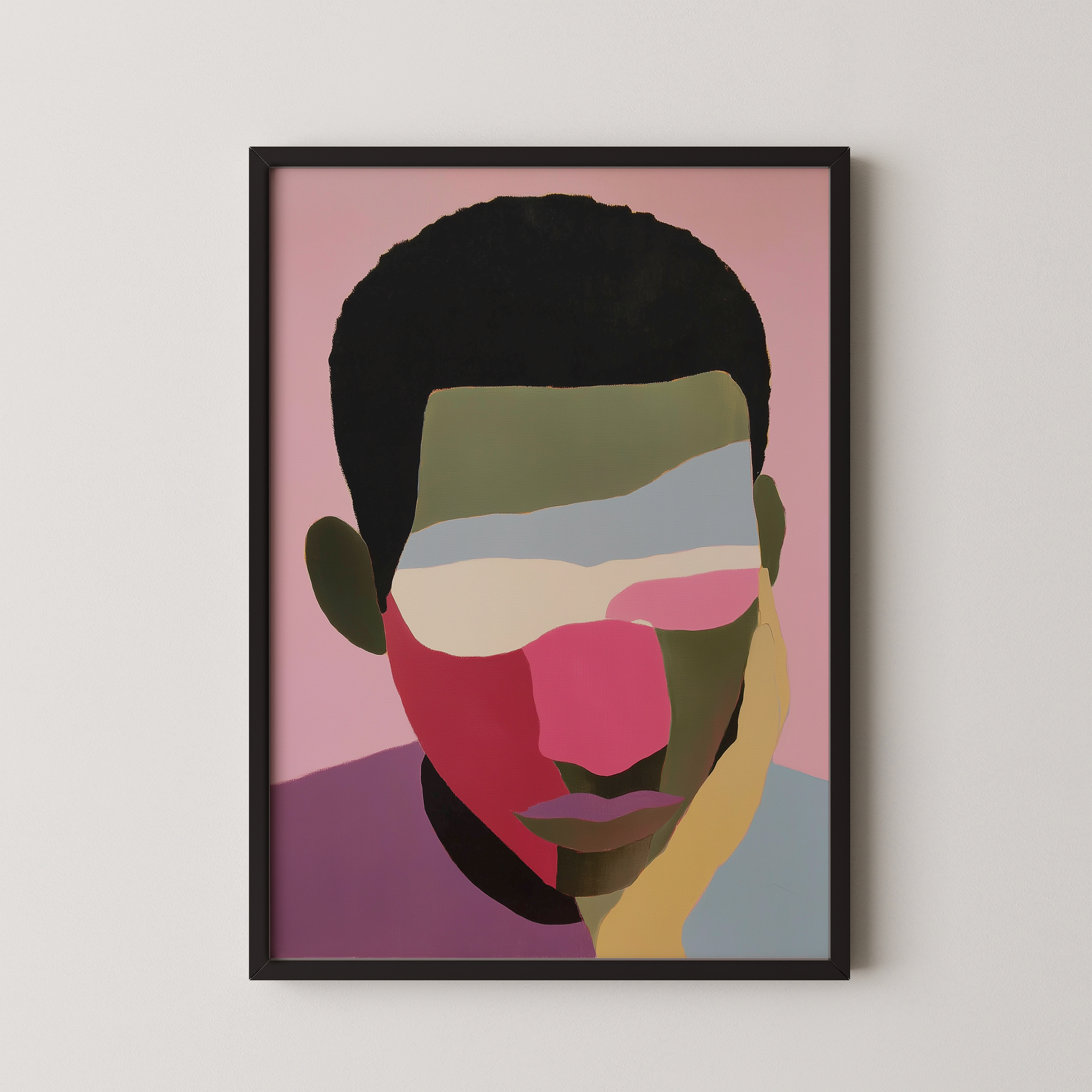 יצירה ממוסגרת של דיוקן גברי מופשט בגווני ורוד, ירוק ותכלת – Isandro מבית Trausi+Tosh