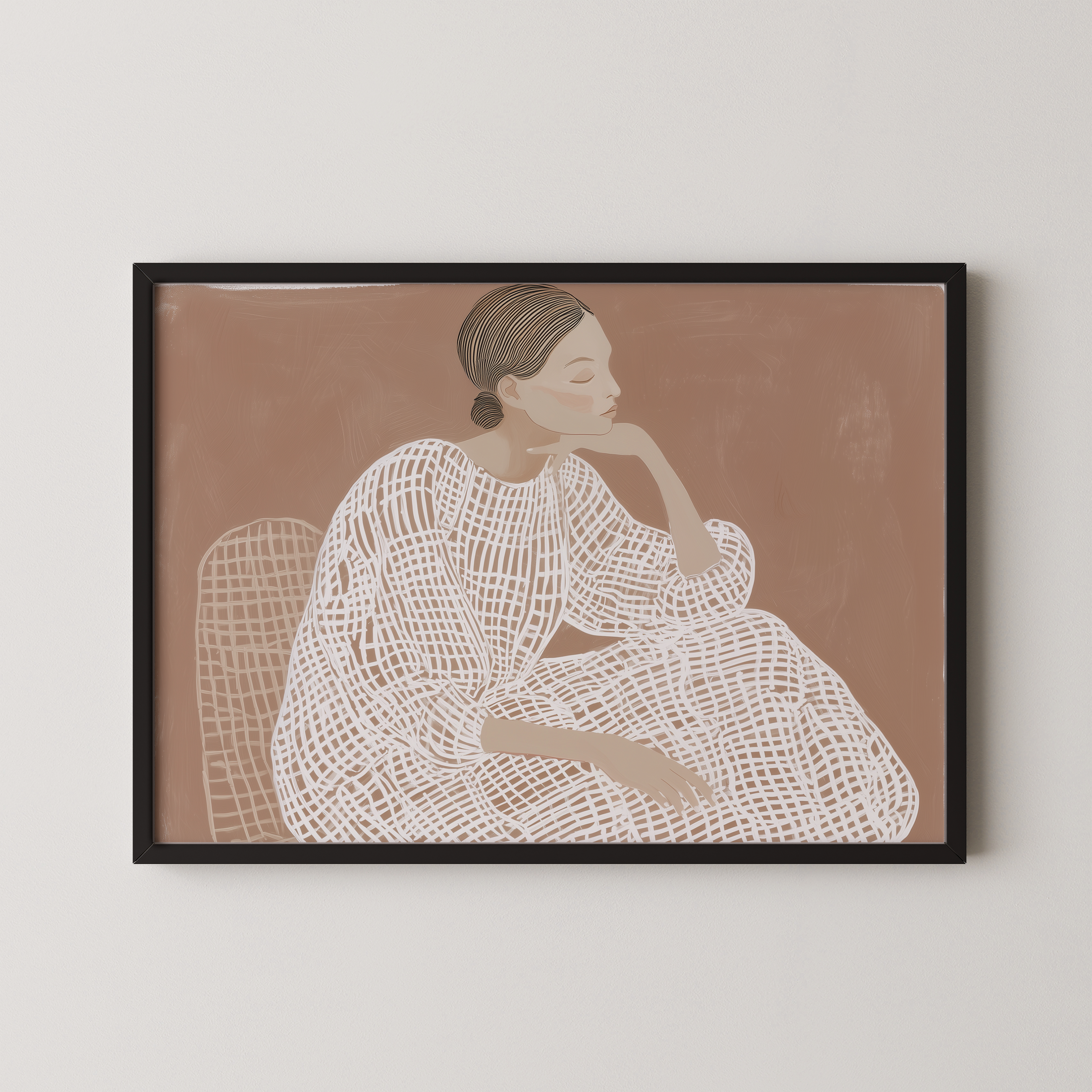 ציור מינימליסטי של דמות נשית יושבת על רקע חום, בקווים לבנים ידניים – Olnari