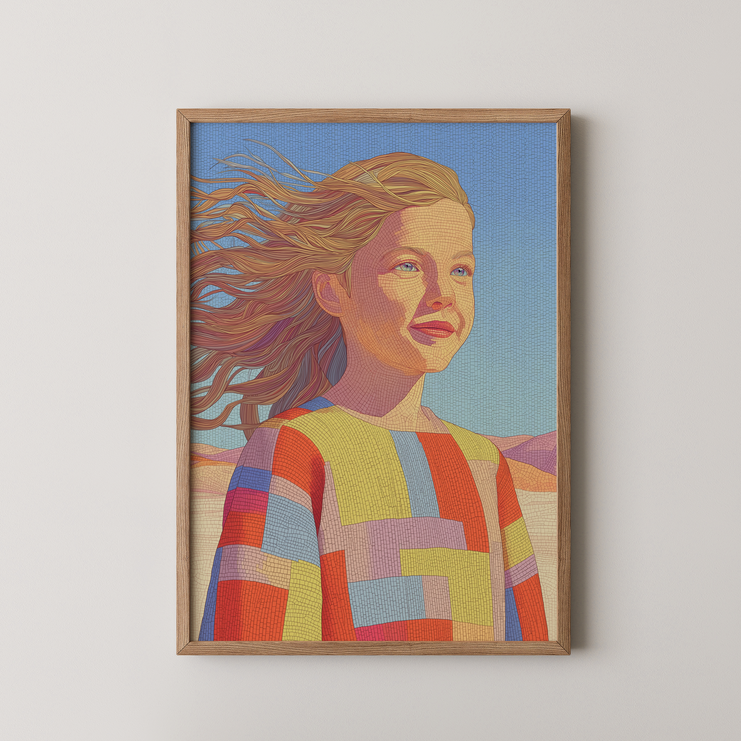 Zeya – דמות נשית בתנועה עם שיער מתעופף בפלטת צבעים חמה וסגנון פסיפס מודרני