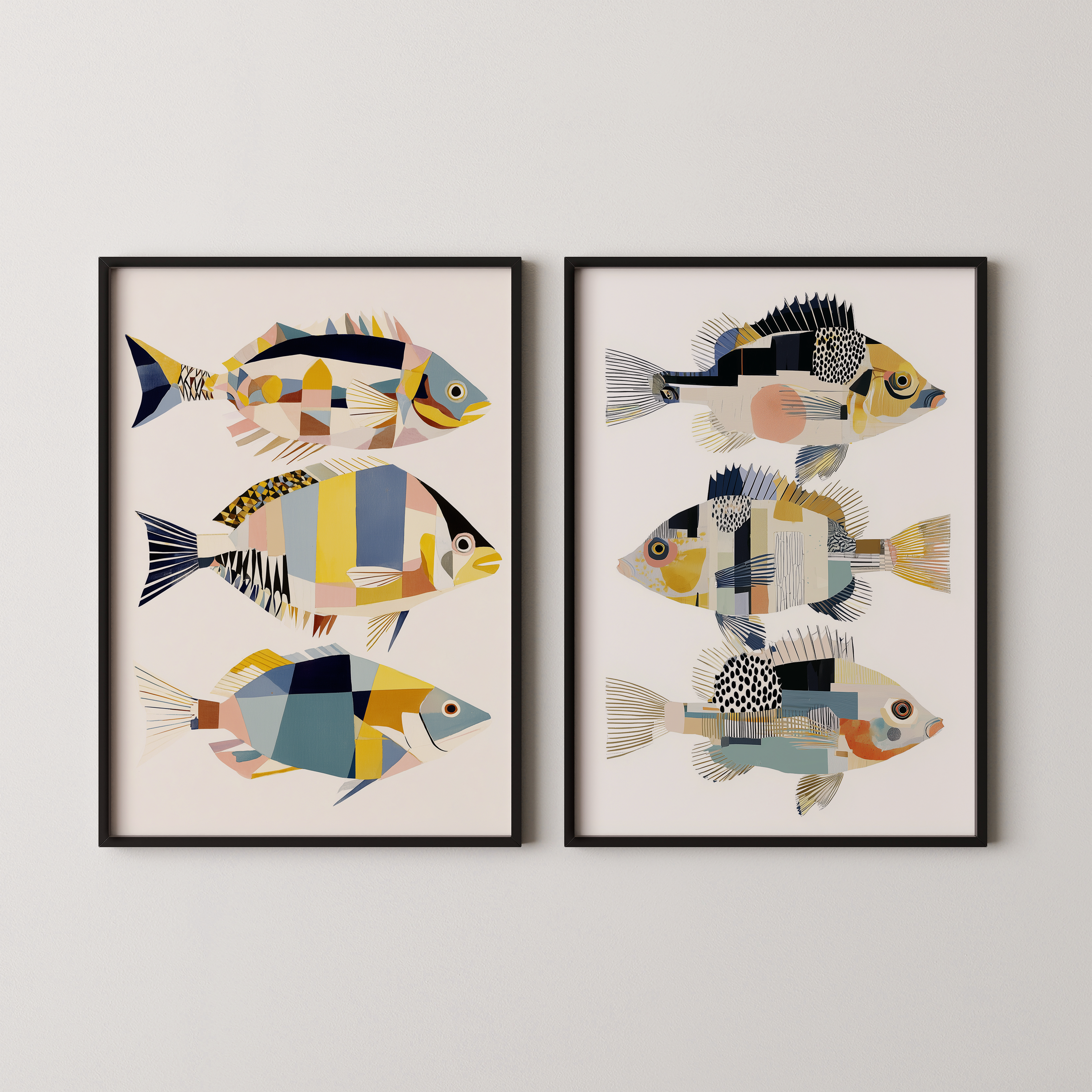 יצירה אמנותית בהשראה ימית עם דגים גאומטריים בצבעים רכים, ממוסגרת במסגרת עץ, תלויה על קיר בהיר