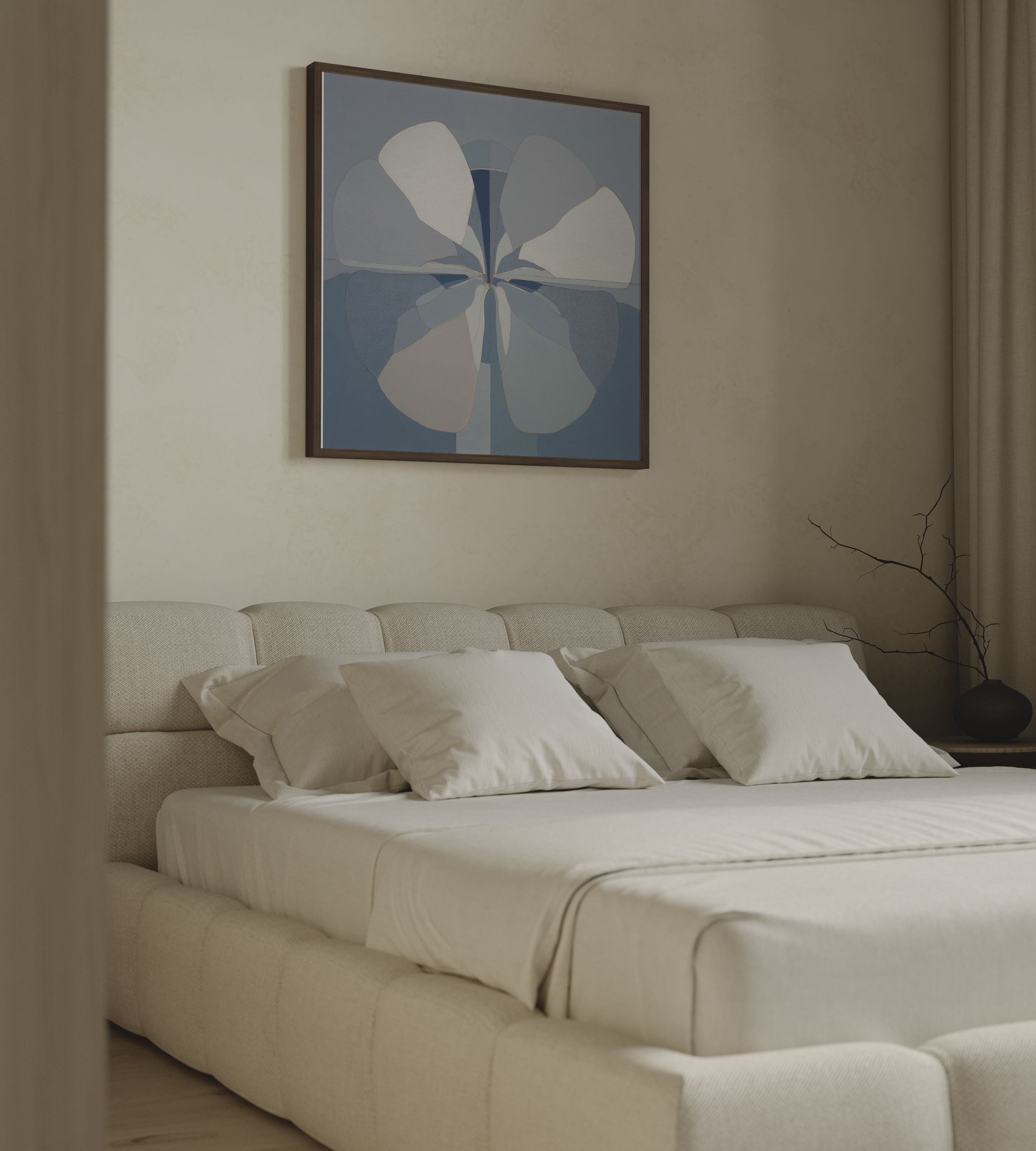 יצירת אמנות מופשטת בשם Azmara בגווני כחול, תכלת ולבן שבור, קומפוזיציה סימטרית המזכירה פרח פתוח במסגרת עץ אלון טבעי