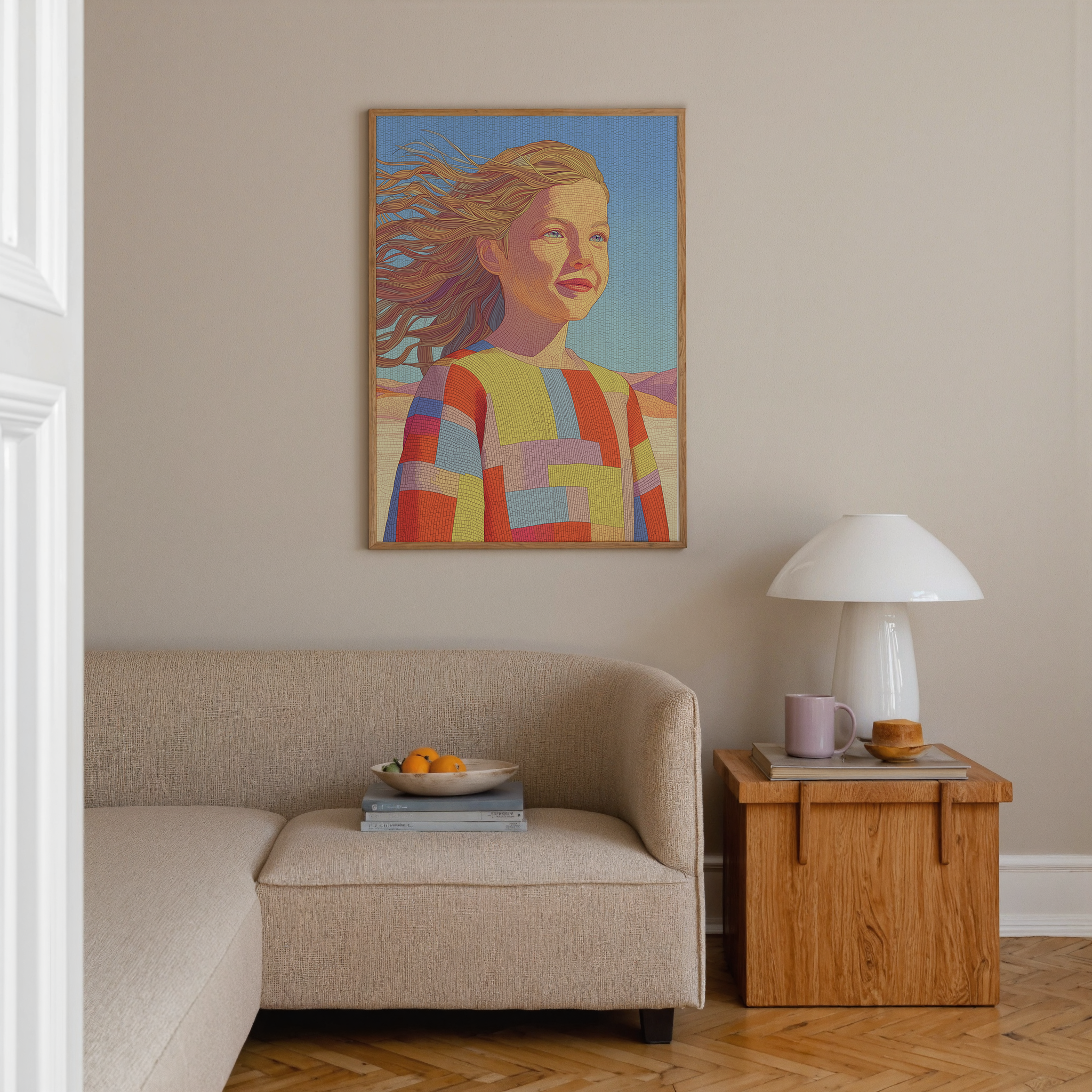 Zeya – דמות נשית בתנועה עם שיער מתעופף בפלטת צבעים חמה וסגנון פסיפס מודרני