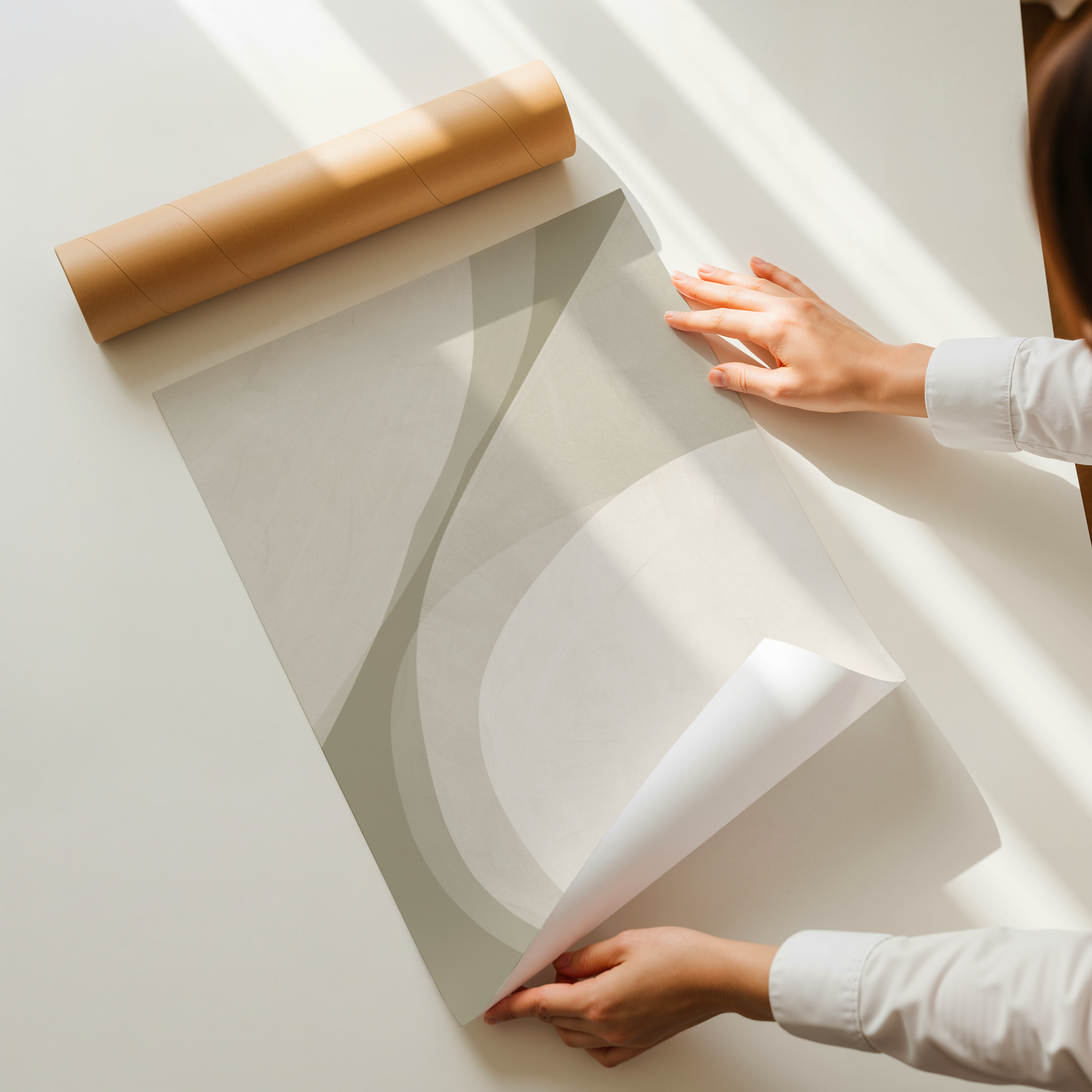 הדפס אמנותי מופשט בסגנון מינימליסטי בגוונים טבעיים ורכים