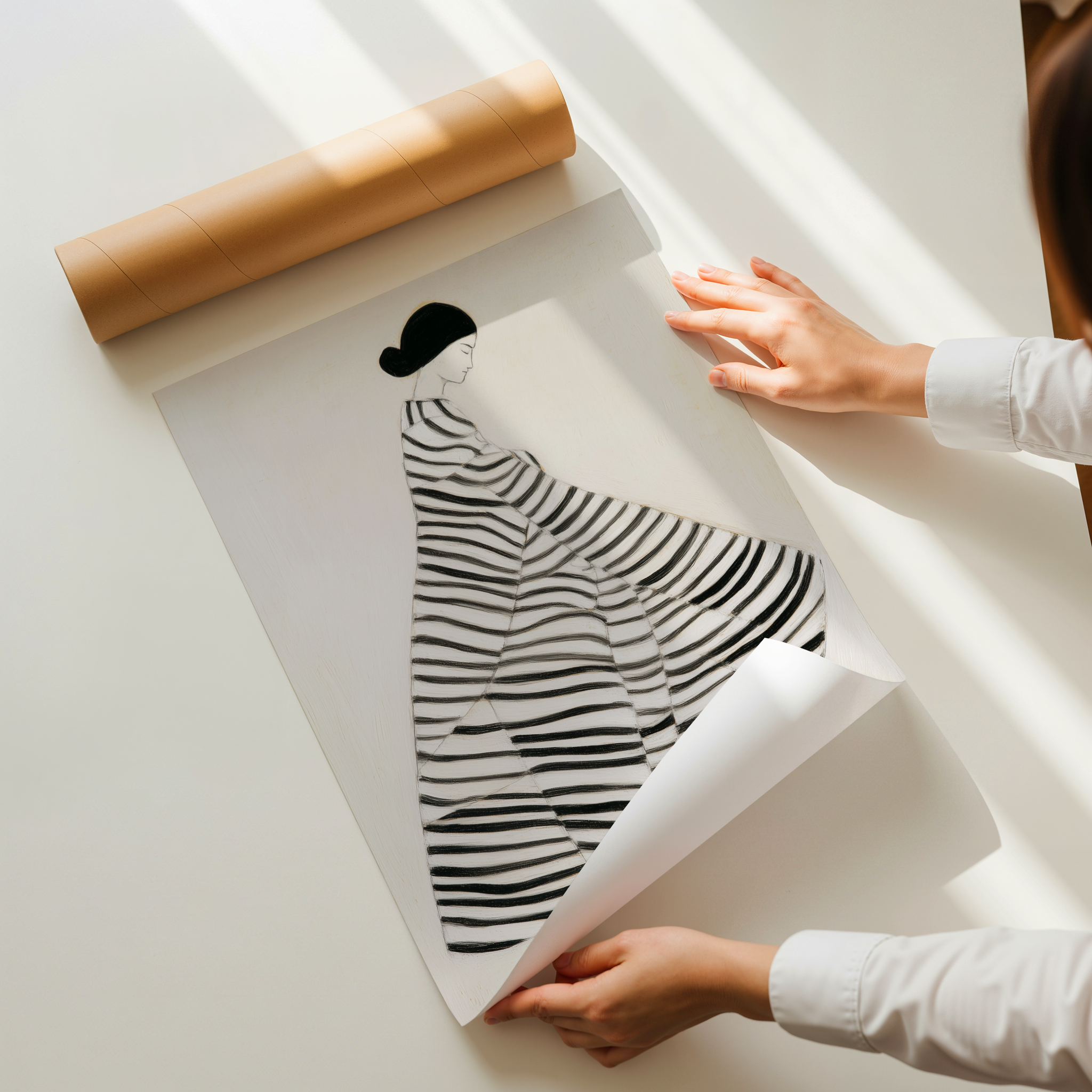 הדפס אמנותי מינימליסטי בשחור לבן של דמות נשית בשמלה מפוספסת