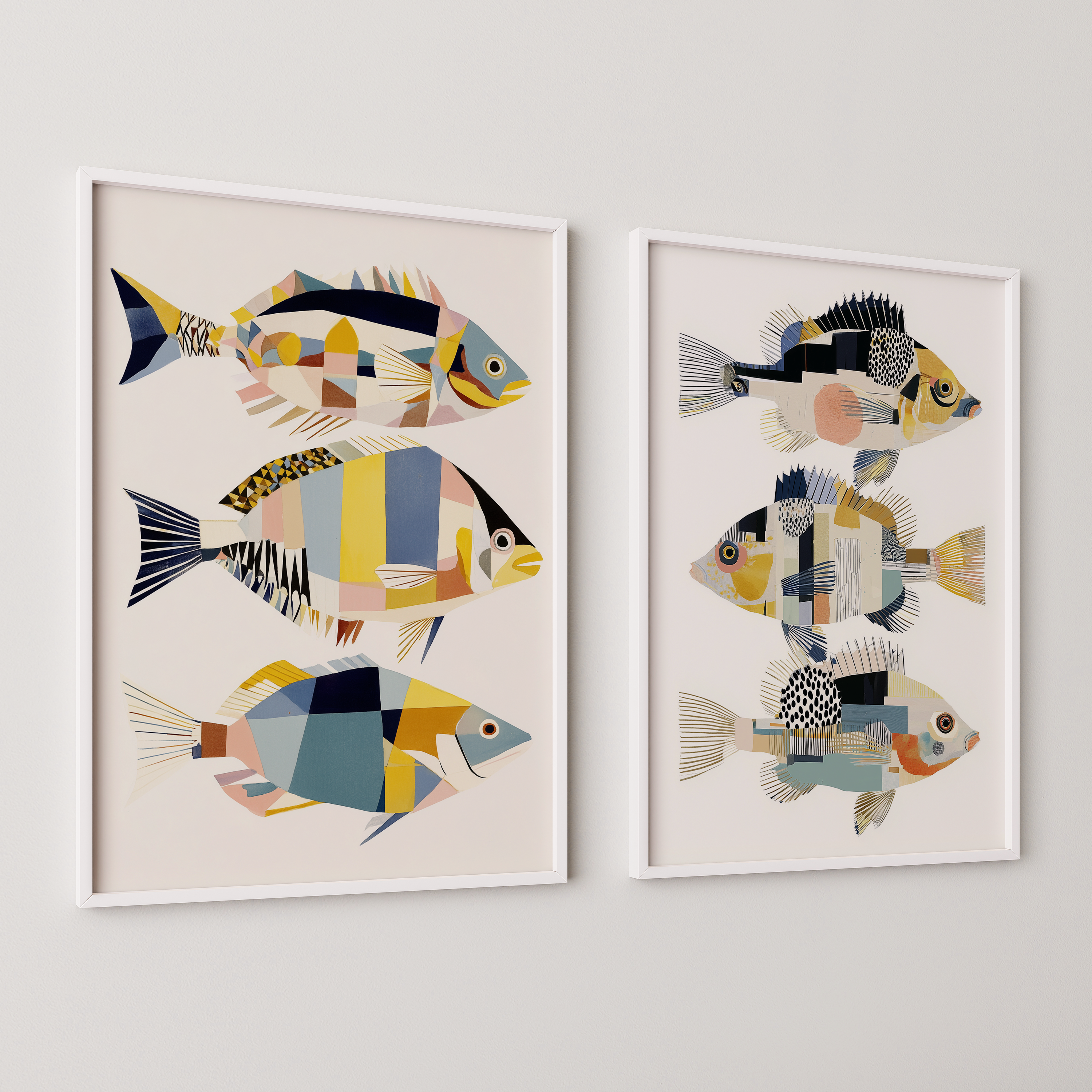 יצירה אמנותית בהשראה ימית עם דגים גאומטריים בצבעים רכים, ממוסגרת במסגרת עץ, תלויה על קיר בהיר