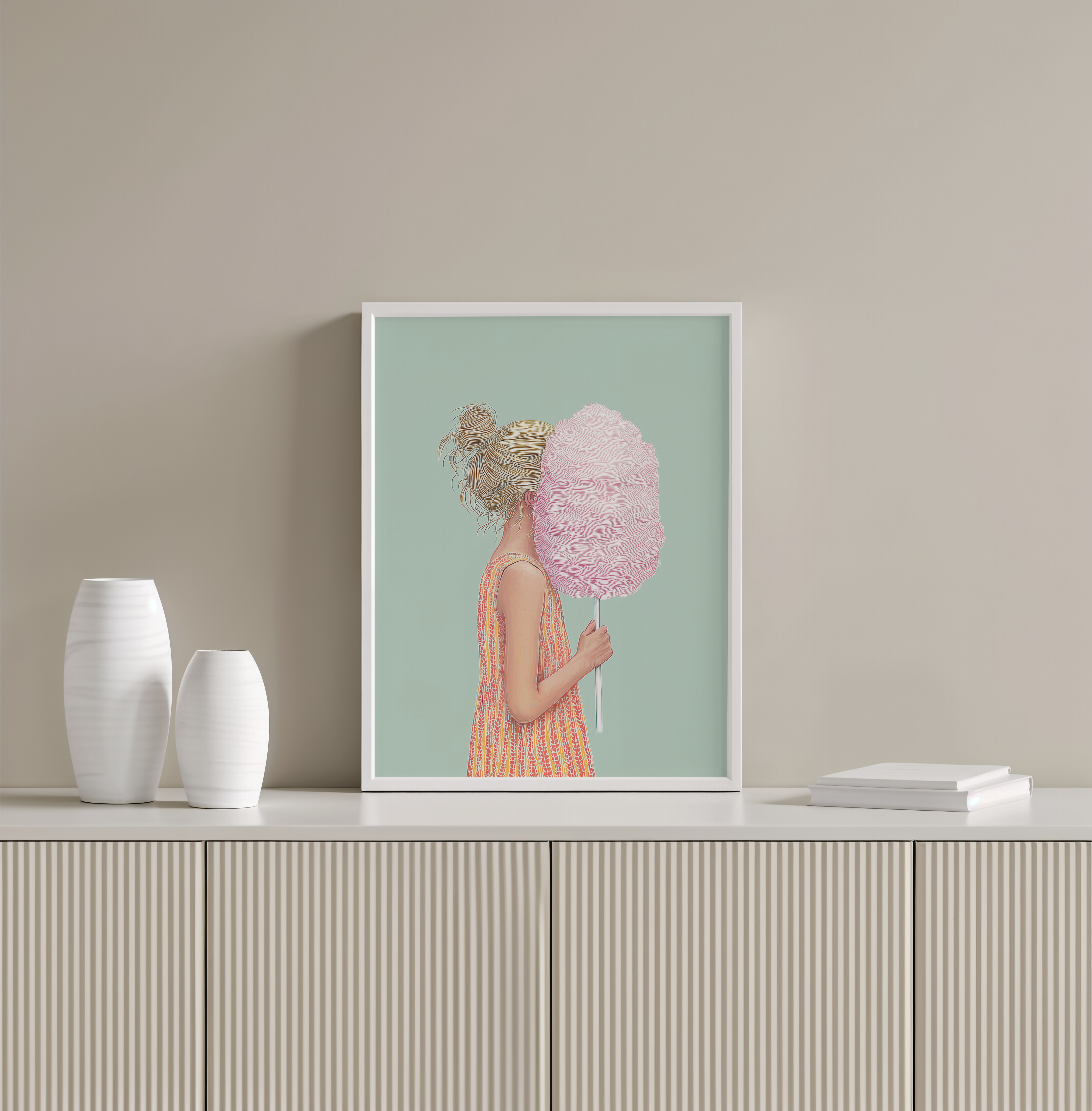 יצירת אמנות Candise – ילדה עם צמר גפן מתוק בצבע ורוד על רקע ירקרק, סגנון מודרני רך.