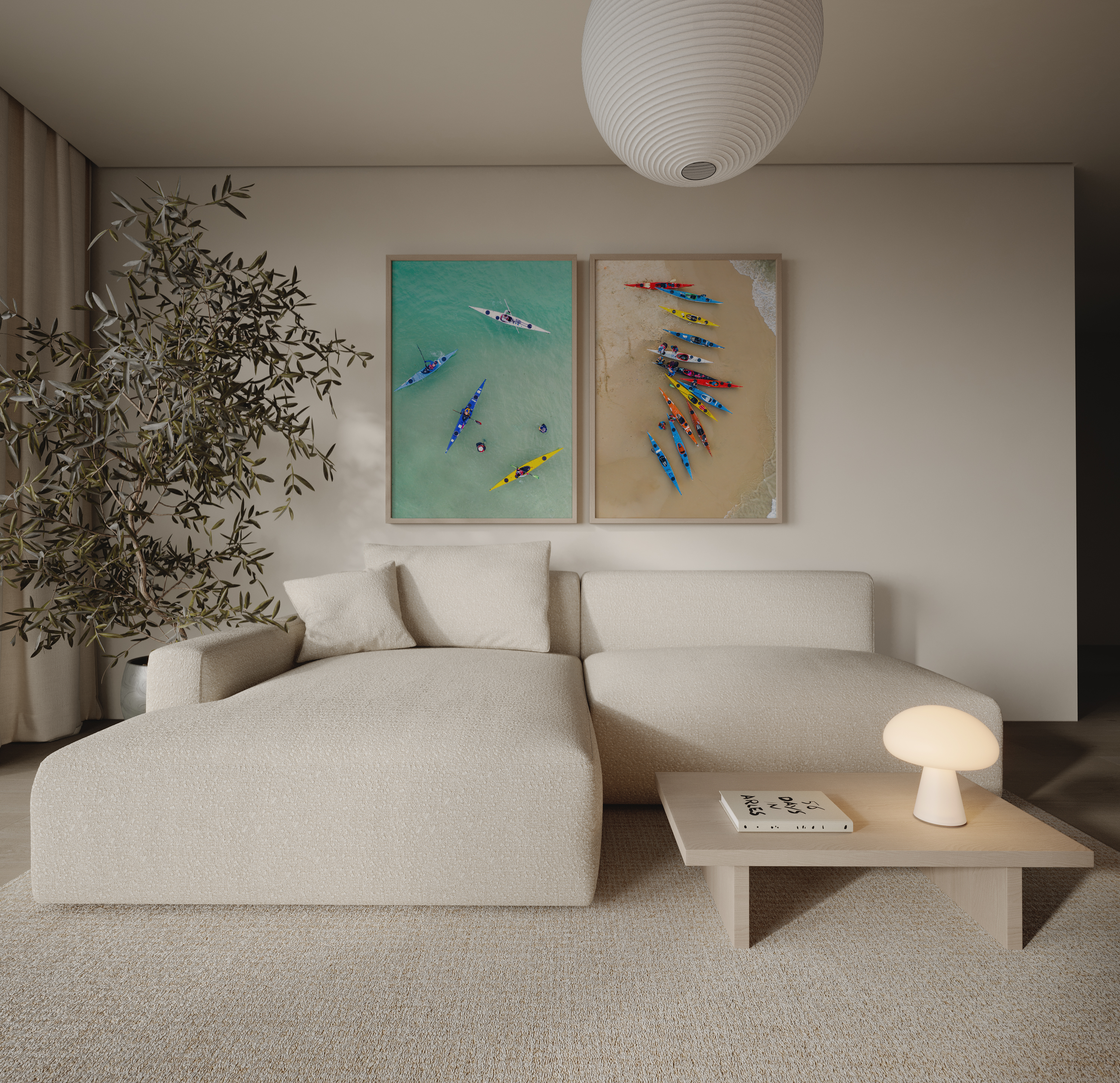 סט צילומים ממוסגר של גלעד טופז – קיאקים צבעוניים במים הטורקיז ובחוף הרצליה בצילום אווירי מלמעלה