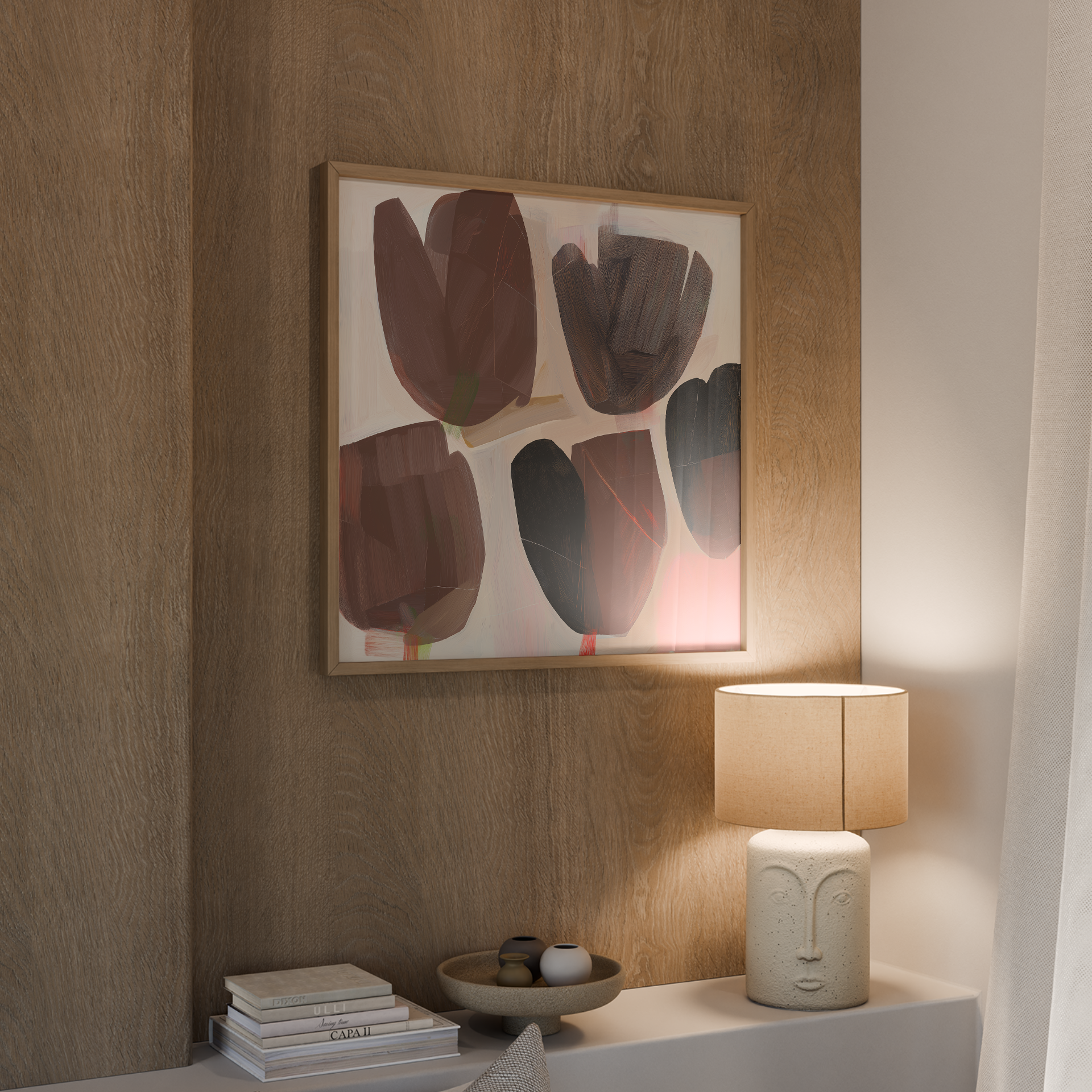 יצירת אמנות מופשטת בגווני חום כהה, בורדו ופחם על רקע בהיר, קומפוזיציה אורגנית עם נוכחות עמוקה במסגרת עץ.