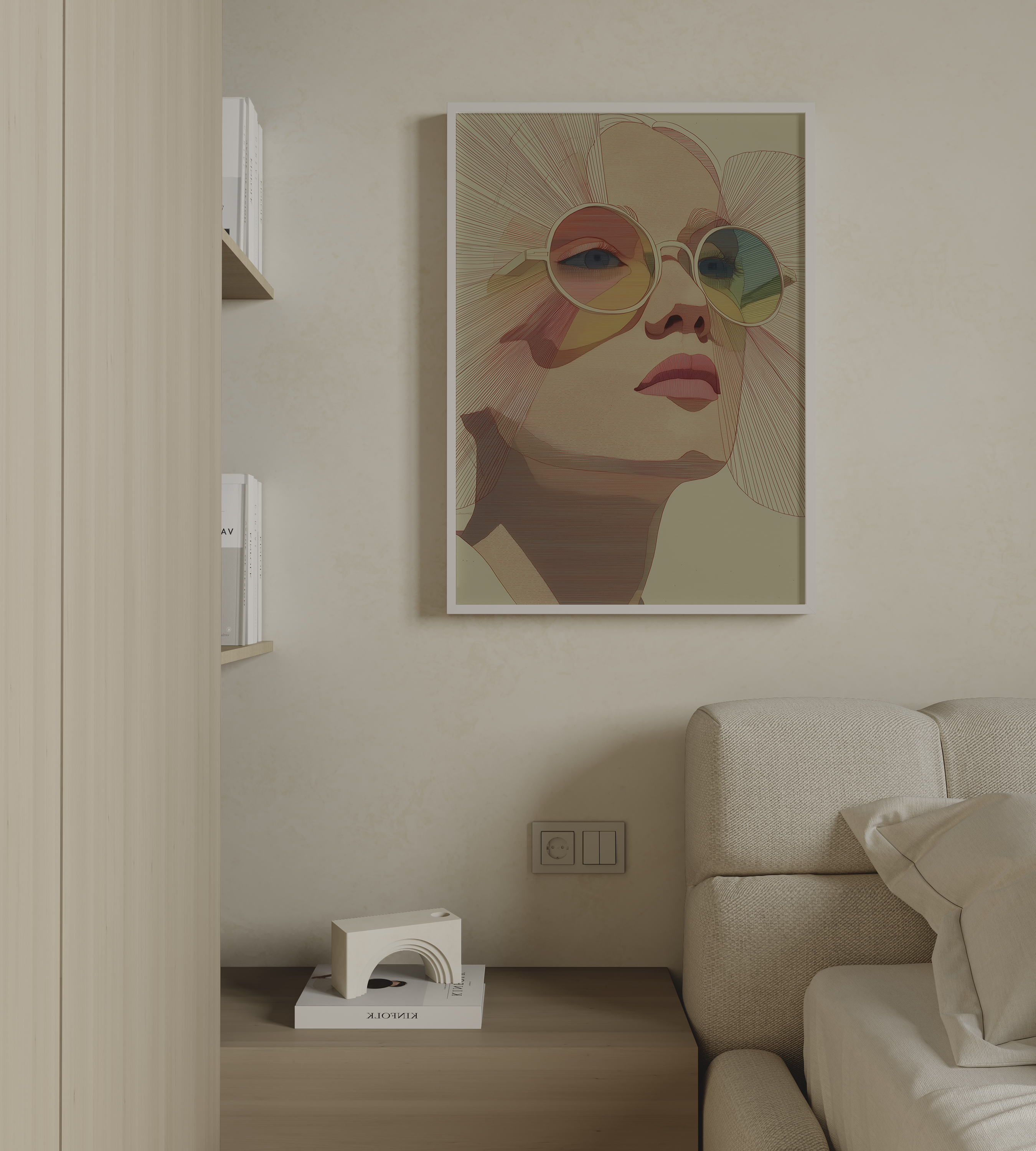 יצירת אמנות מודרנית בשם Oréa – דיוקן נשי עם משקפיים עגולים וקווים רדיאליים בגוונים חמים ועדינים