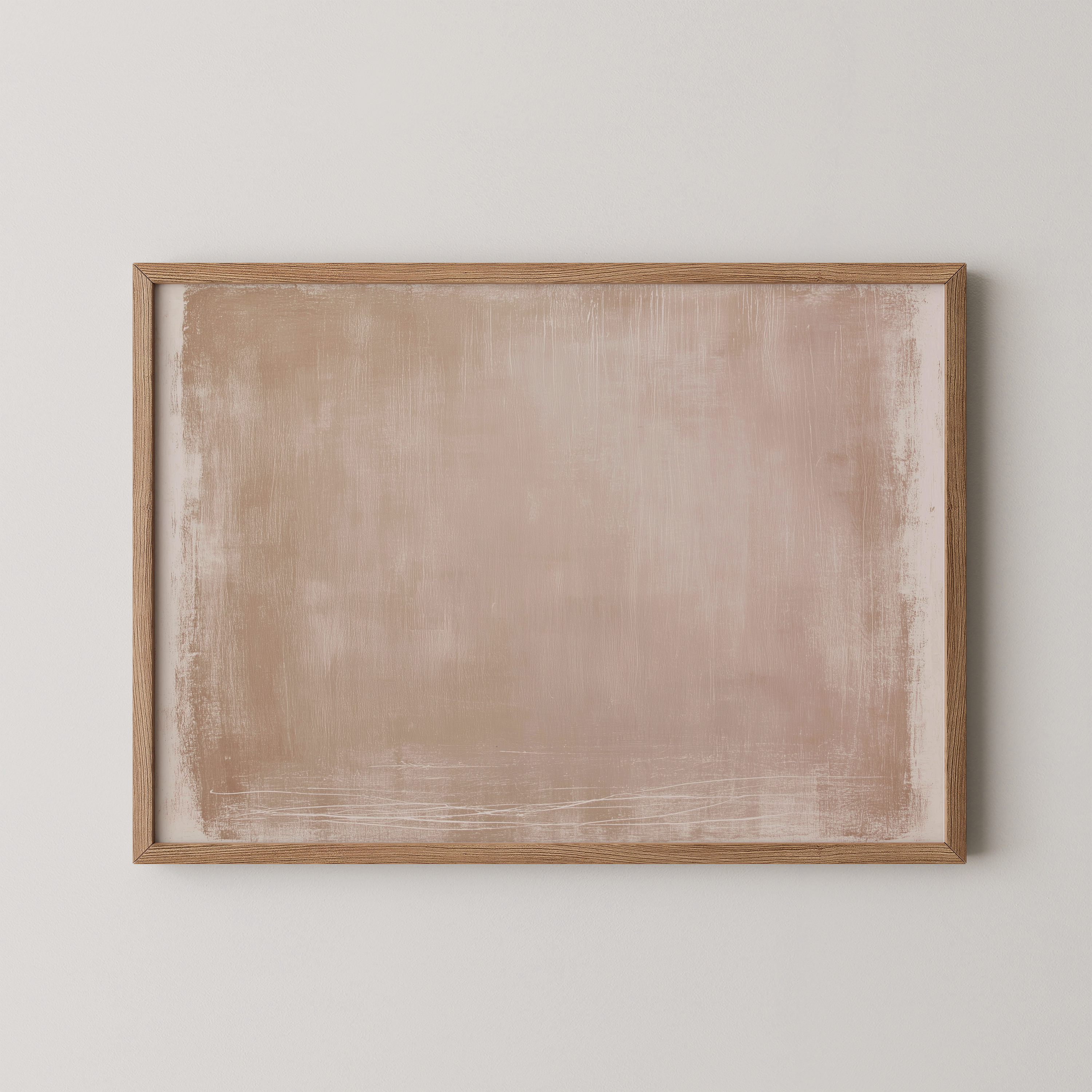 יצירת אמנות מינימליסטית בגווני אדמה חמים עם טקסטורה עדינה במסגרת עץ