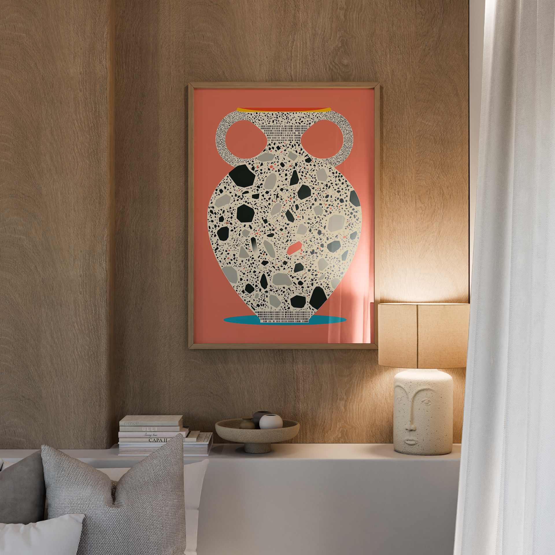 Larova – הדפס אמנותי של כלי חרס מאויר עם טקסטורת טרצו בעיצוב מודרני על רקע חמים