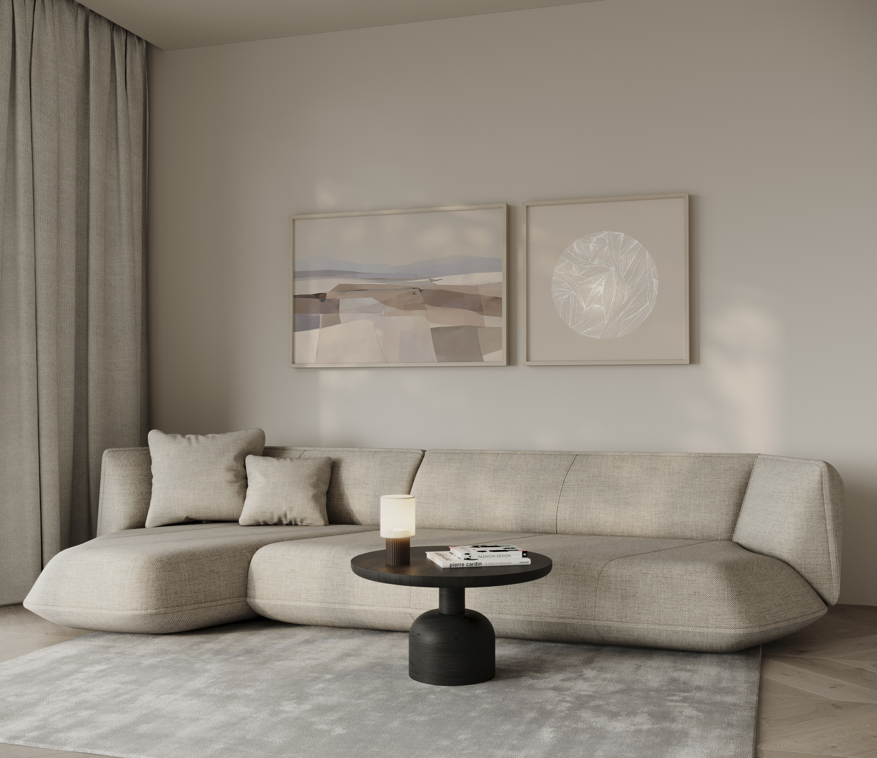 סט אמנות ממוסגרת בסגנון מינימליסטי בגווני מדבר, כולל נוף גאומטרי וקומפוזיציה עגולה לבנה, במסגרת עץ אלון.