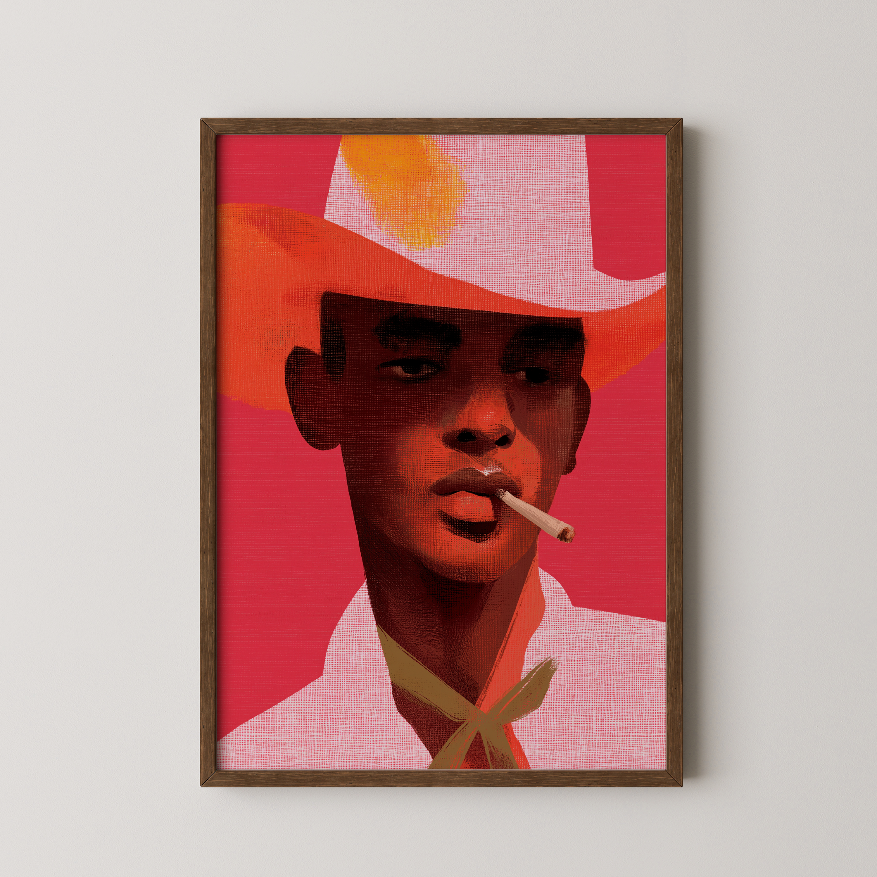 יצירה ממוסגרת Leon – דמות גברית עם כובע וסיגריה בגווני אדום וורוד, אמנות מודרנית עם נוכחות ועומק לחלל