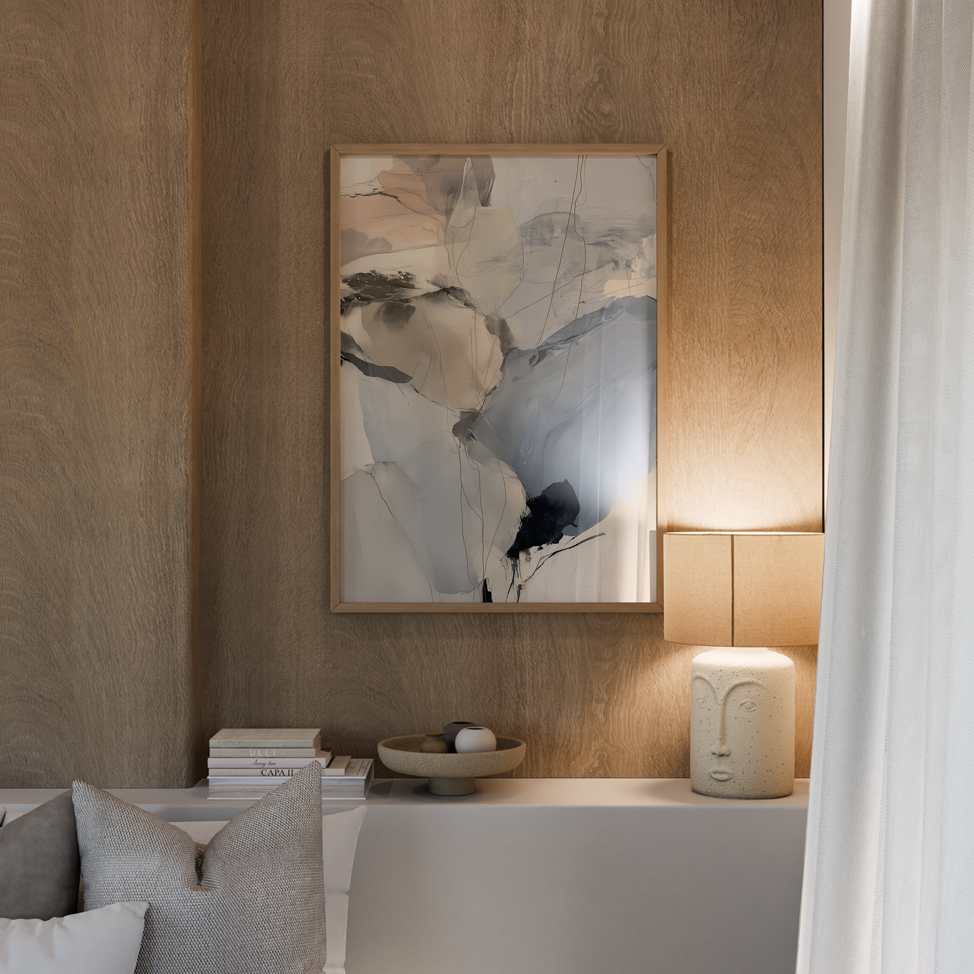 יצירת אמנות מופשטת בגווני חול ואפור לקיר