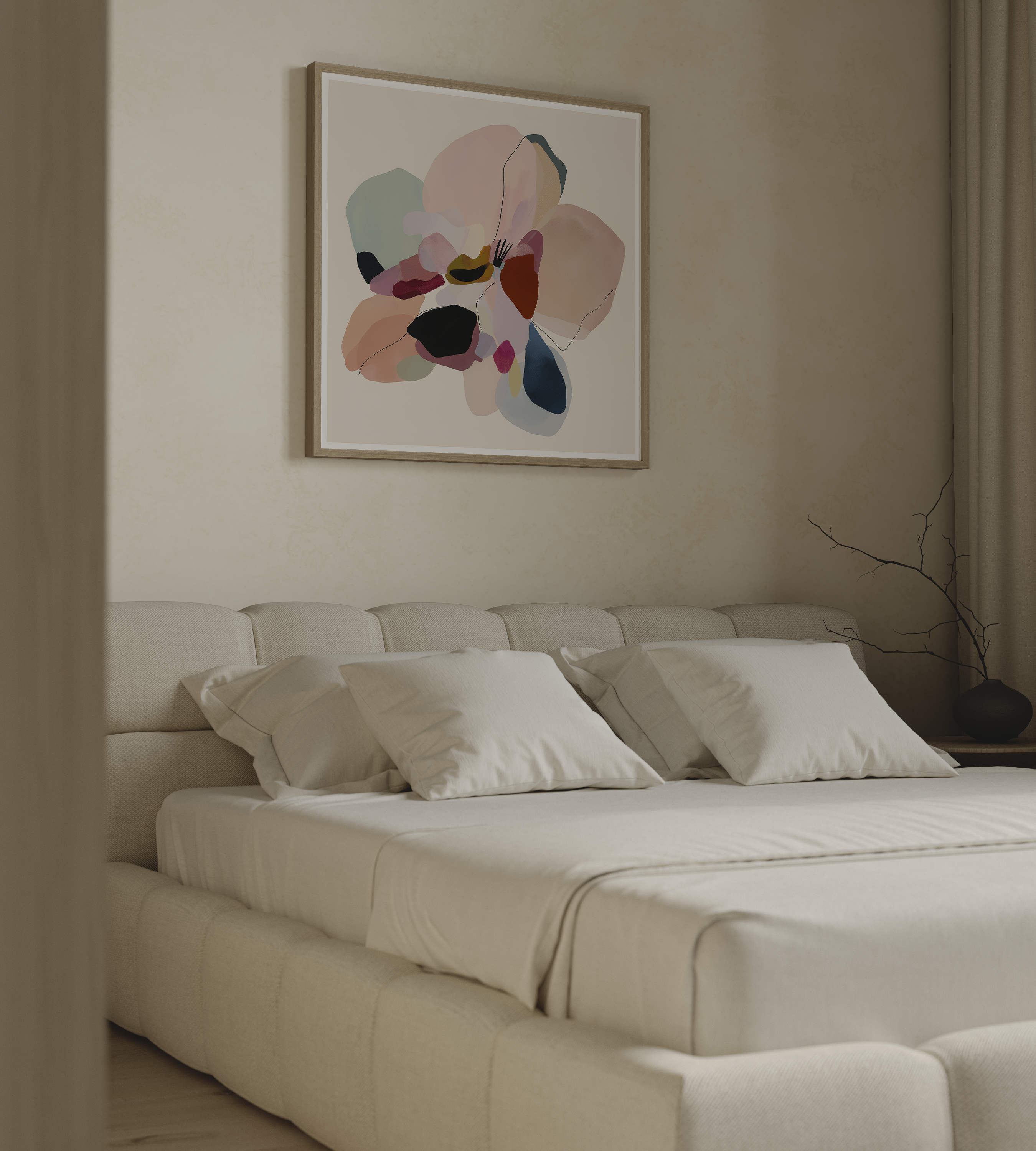 יצירה מופשטת בשם Sora בגוונים רכים עם צורות אורגניות וקווים עדינים, ממוסגרת ותלויה בחלל מודרני.