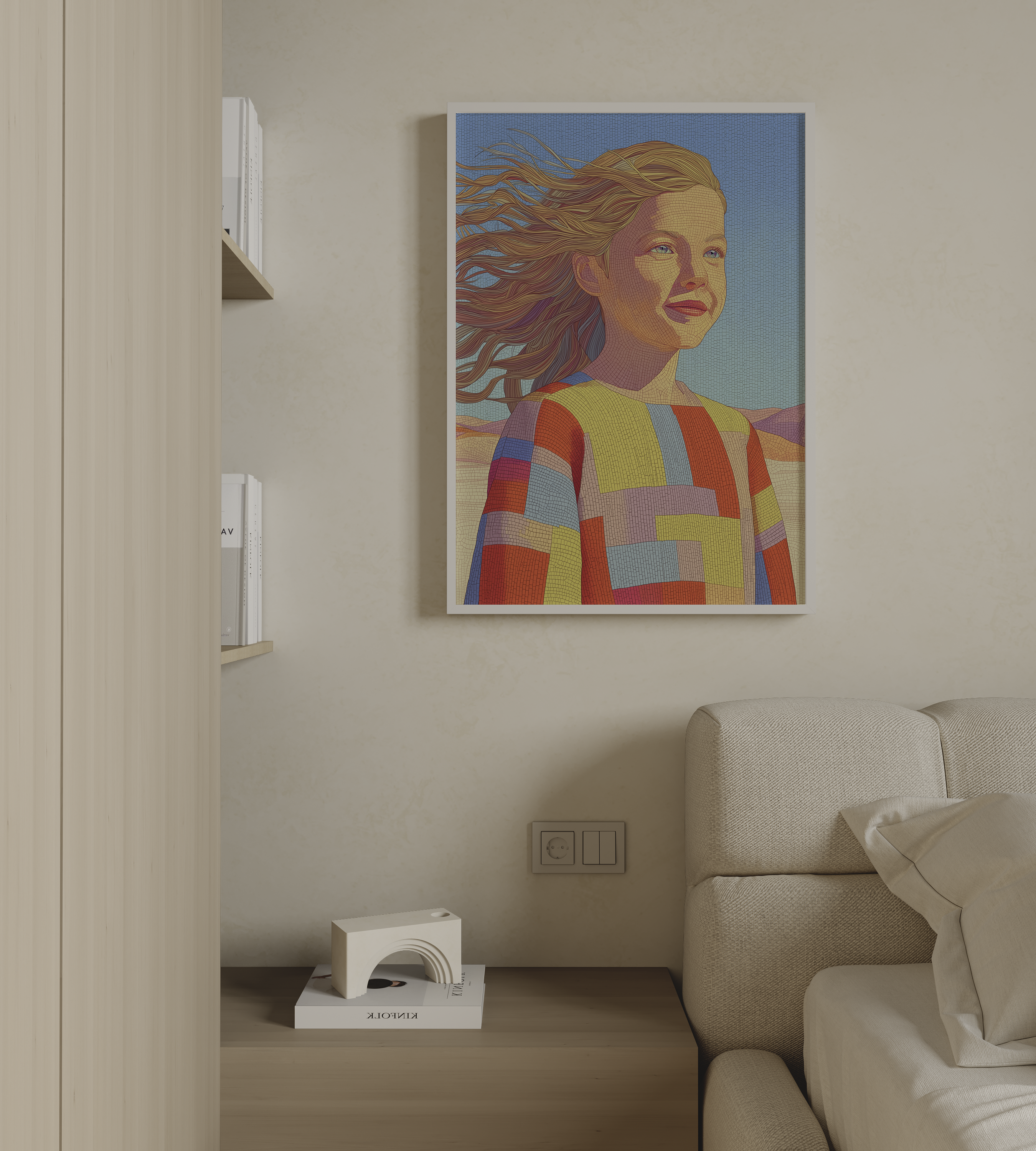 Zeya – דמות נשית בתנועה עם שיער מתעופף בפלטת צבעים חמה וסגנון פסיפס מודרני