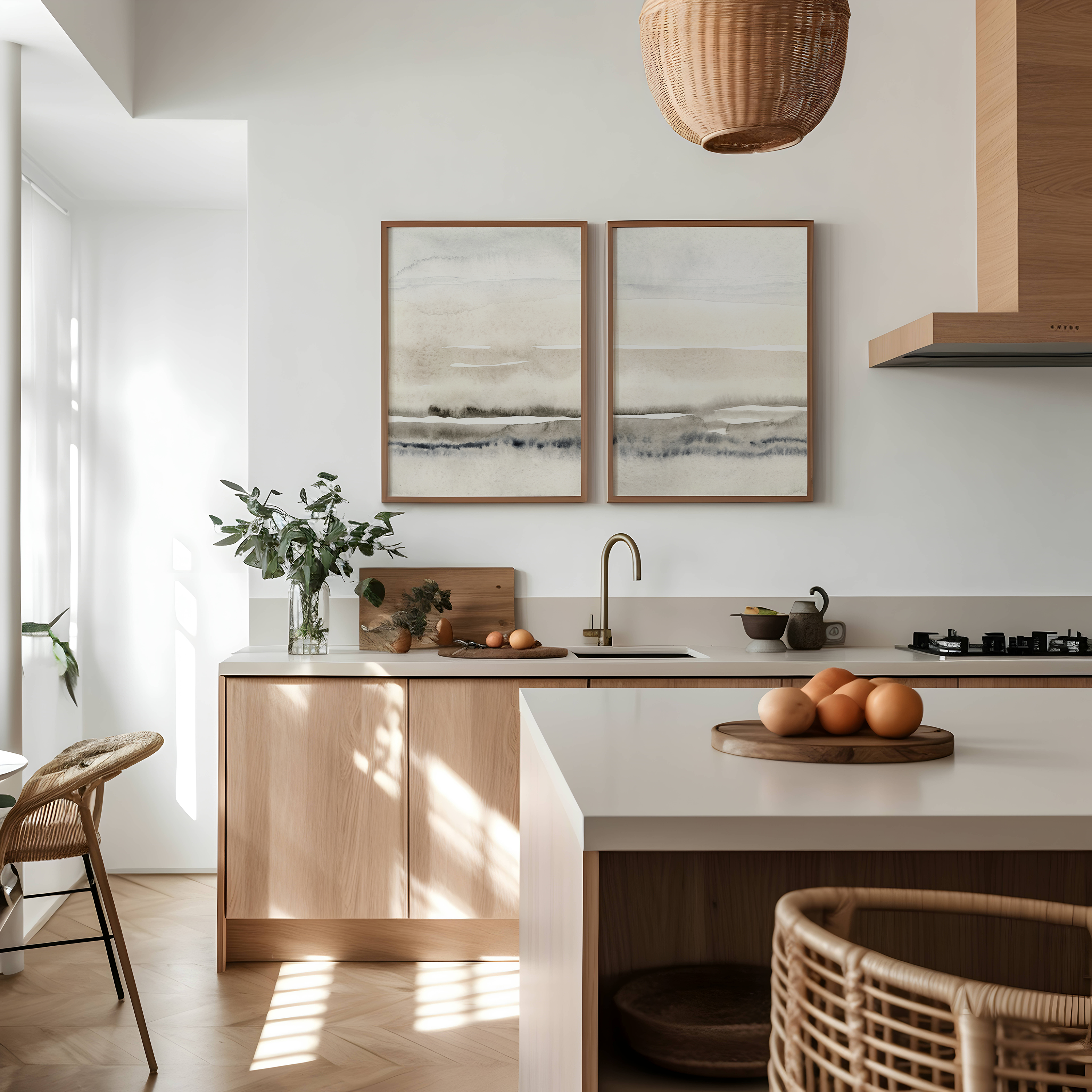 סט של שני פוסטרים ממוסגרים בעיצוב אבסטרקטי בגוונים טבעיים של חול, מים ושמיים, עם קווים רכים ליצירת אווירה רגועה ומודרנית.