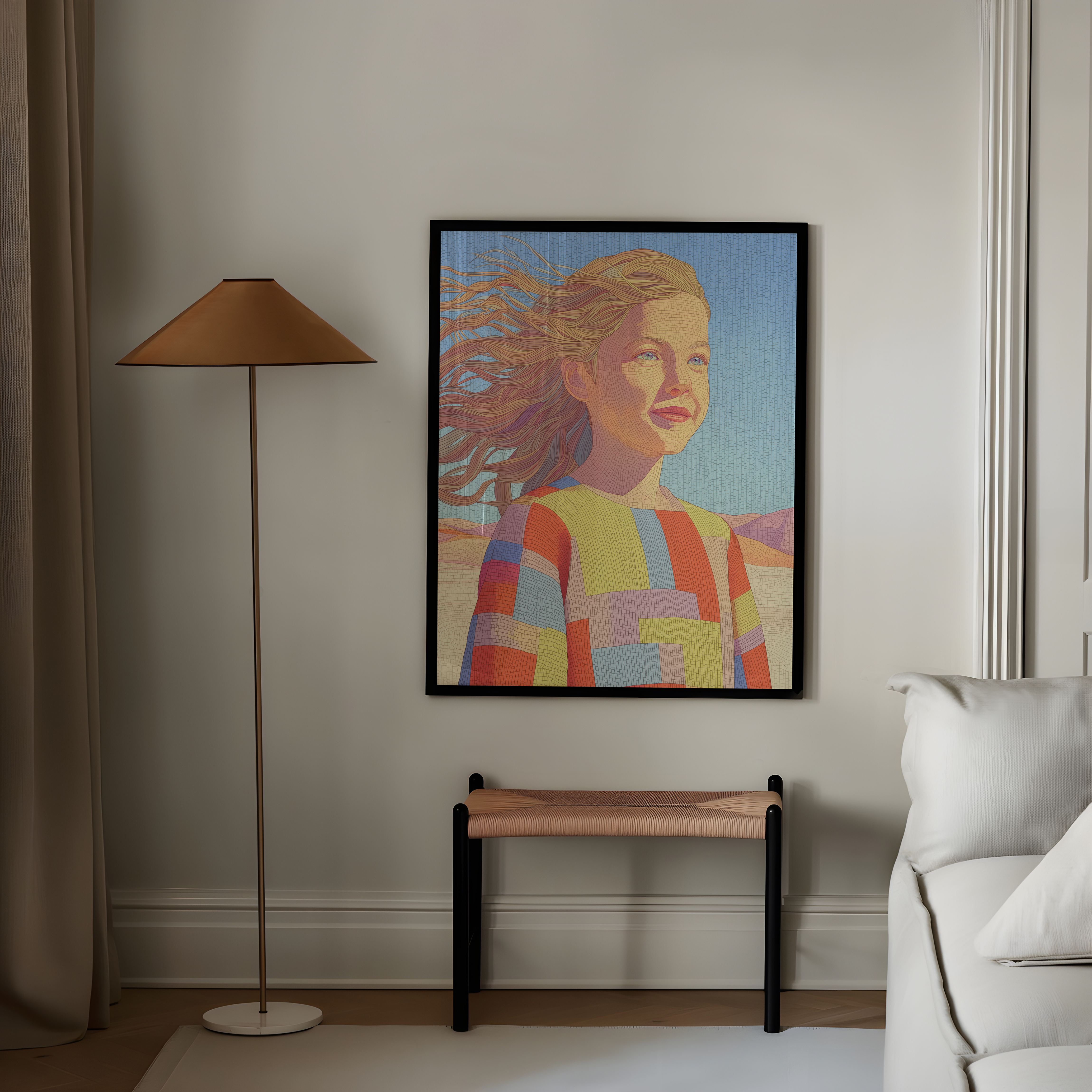 Zeya – דמות נשית בתנועה עם שיער מתעופף בפלטת צבעים חמה וסגנון פסיפס מודרני