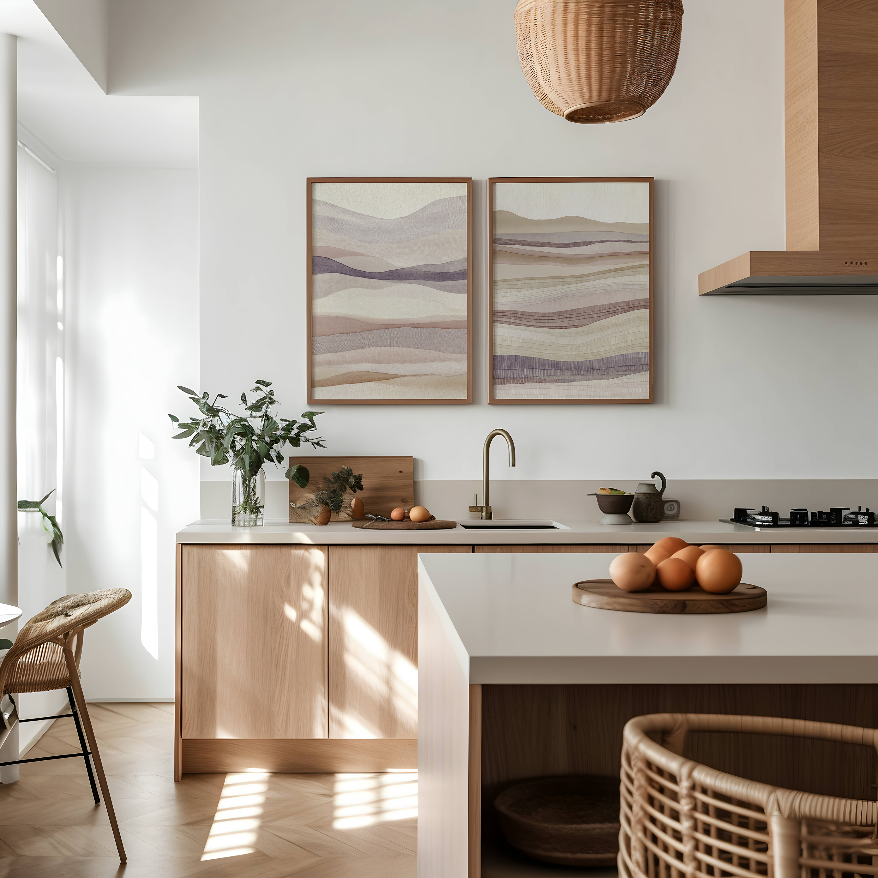 סט תמונות קיר מינימליסטיות בגוונים טבעיים עם שכבות אופקיות רכות במסגרת עץ